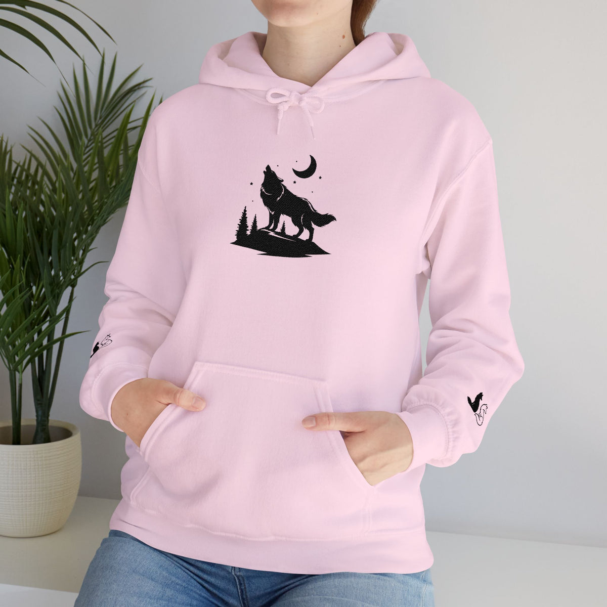Embroidered Wolf & Moon Hoodie, Howling Wolf Silhouette Sweatshirt, Nature Lover Pullover, Cozy Outdoor Hoodie
