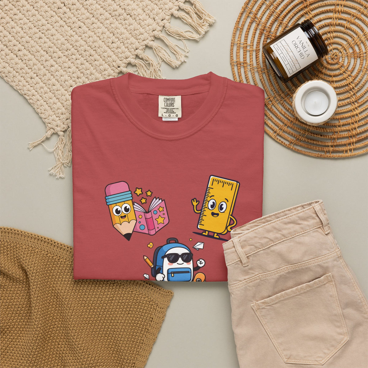 Personalized Teacher Tee — Cute School Supply Characters Gift (Add Your Name)