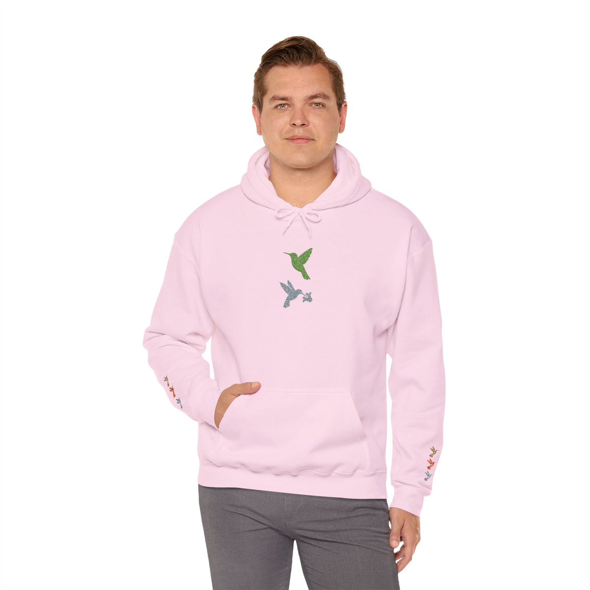Hummingbird Floral Hoodie — Embroidered Birds & Sleeve Blooms
