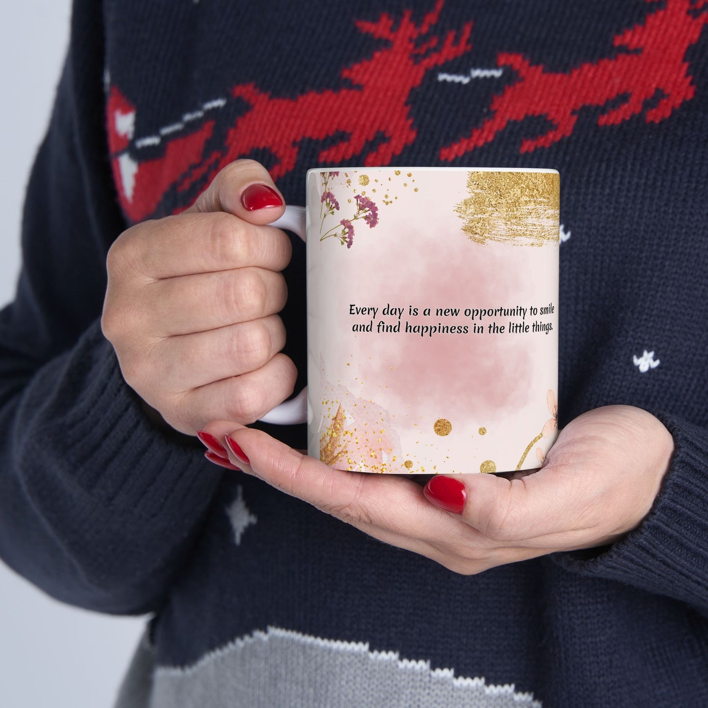 Inspirational Floral Ceramic Mug β "Every Day is a New Opportunity" Pink Gold Accent
