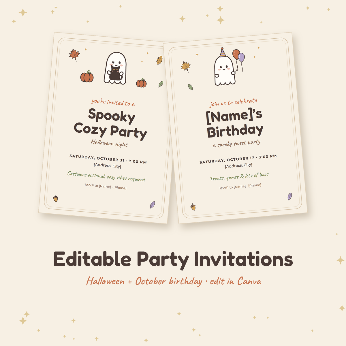 Editable cute ghost Halloween and birthday invitations