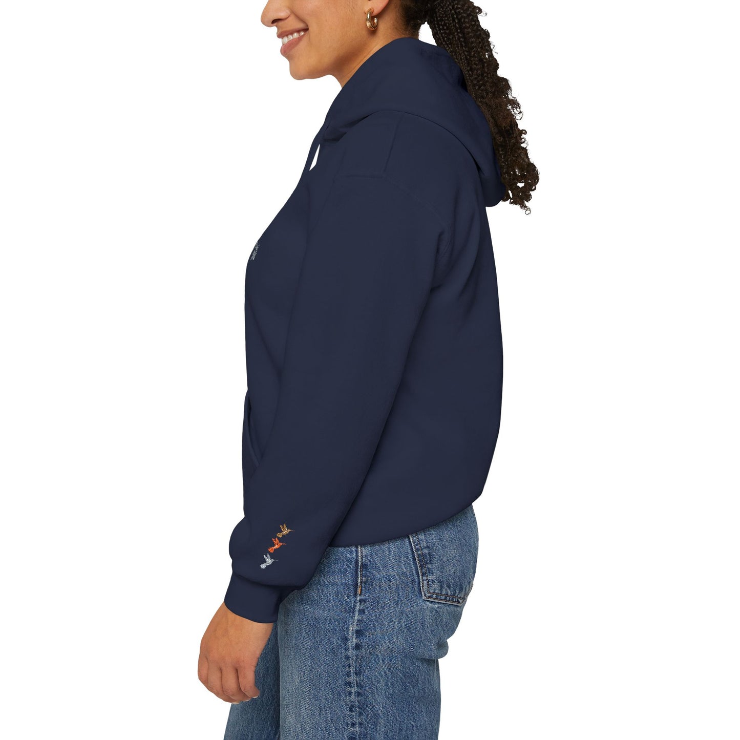 Hummingbird Floral Hoodie — Embroidered Birds & Sleeve Blooms