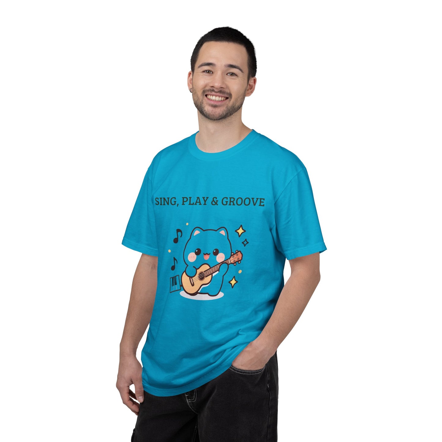 Cute Cat Playing Guitar T-Shirt — "Sing, Play & Groove" Graphic Tee