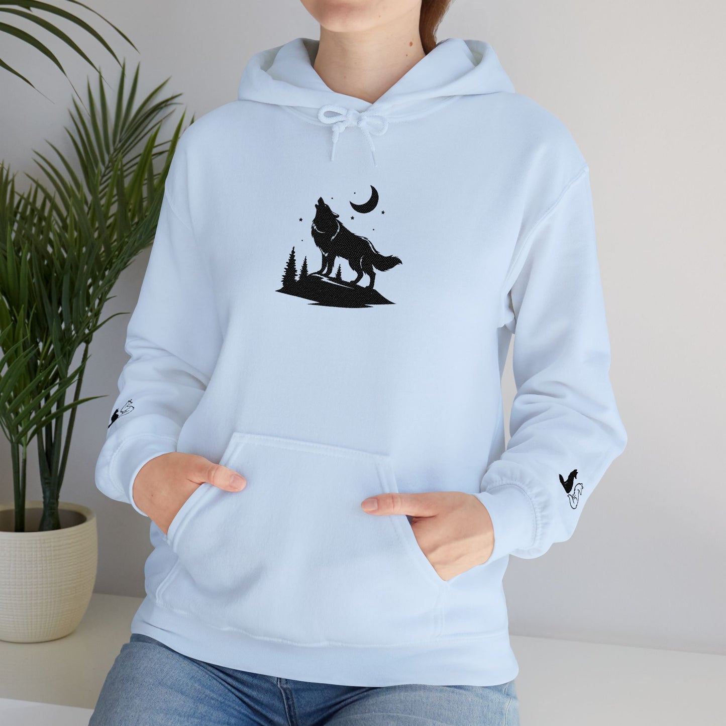 Embroidered Wolf & Moon Hoodie — Howling Wolf Silhouette