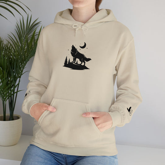 Embroidered Wolf & Moon Hoodie — Howling Wolf Silhouette