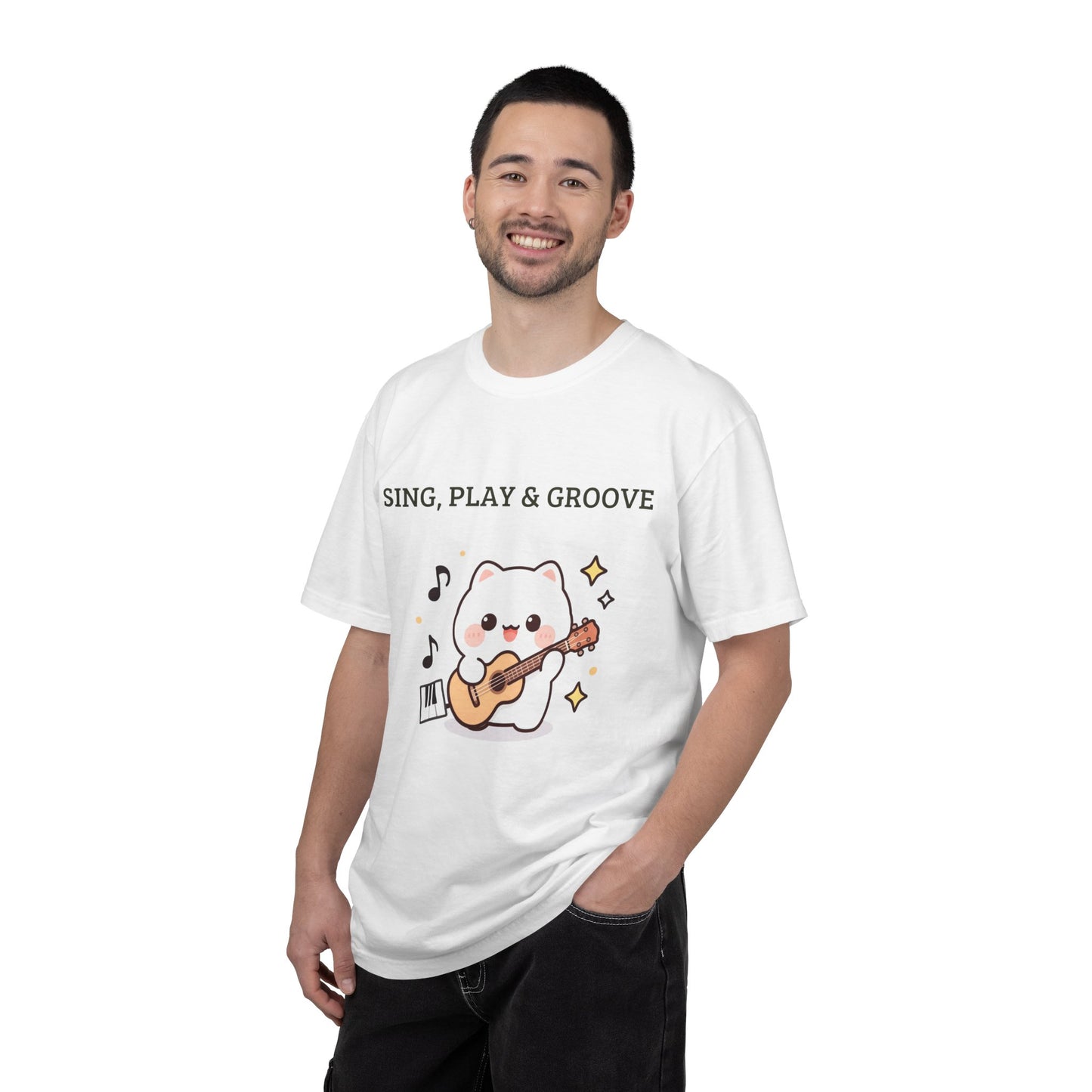 Cute Cat Playing Guitar T-Shirt — "Sing, Play & Groove" Graphic Tee