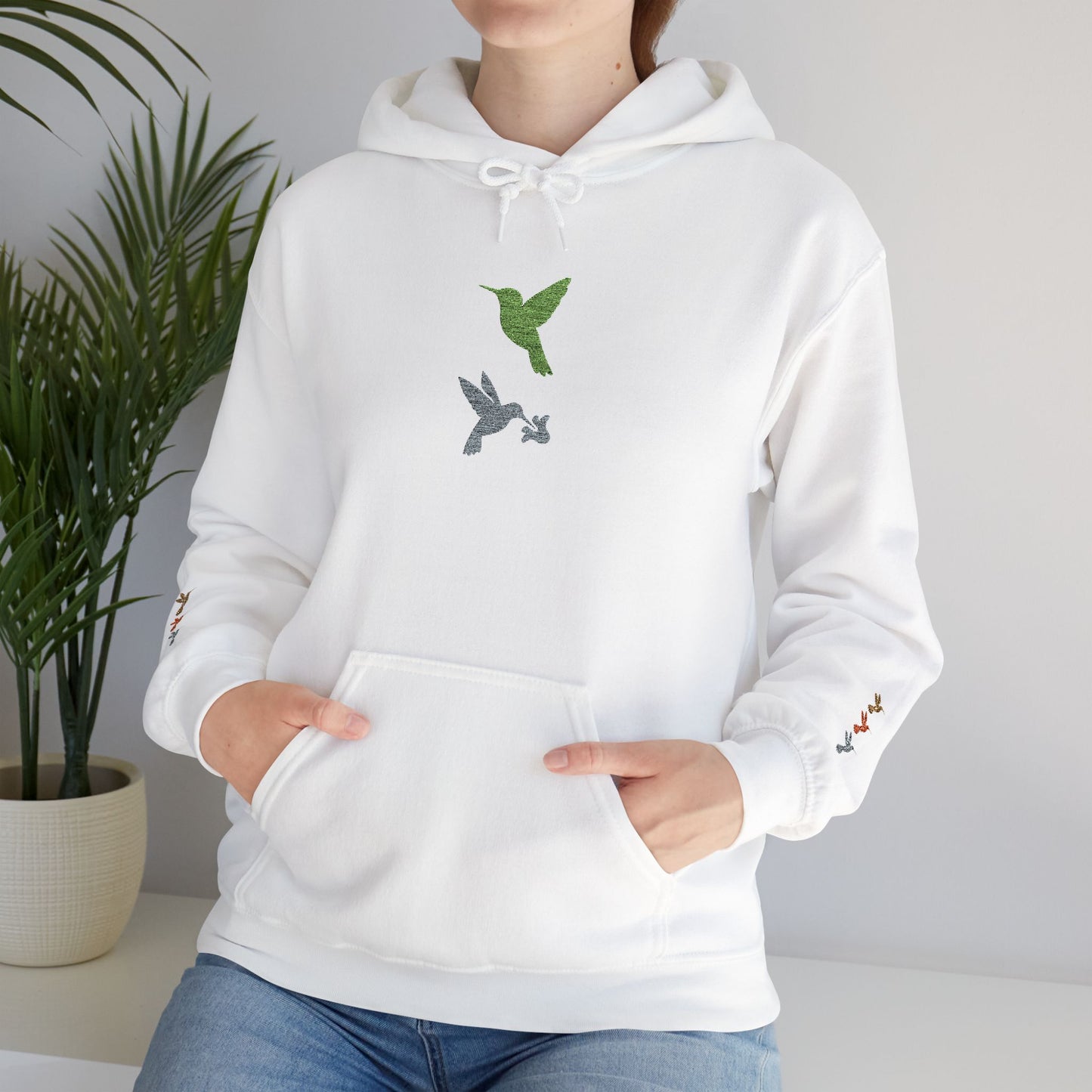 Hummingbird Floral Hoodie — Embroidered Birds & Sleeve Blooms