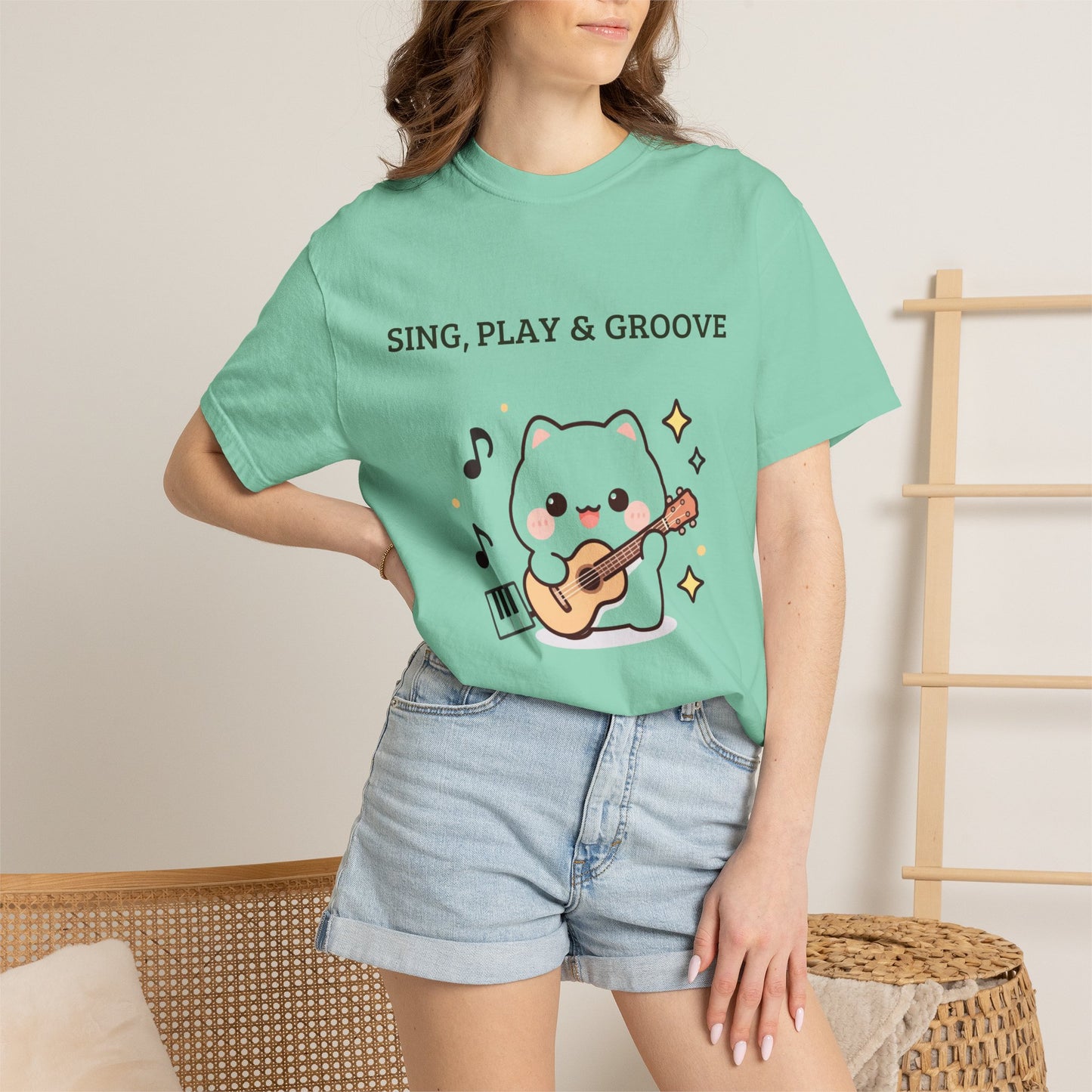 Cute Cat Playing Guitar T-Shirt — "Sing, Play & Groove" Graphic Tee