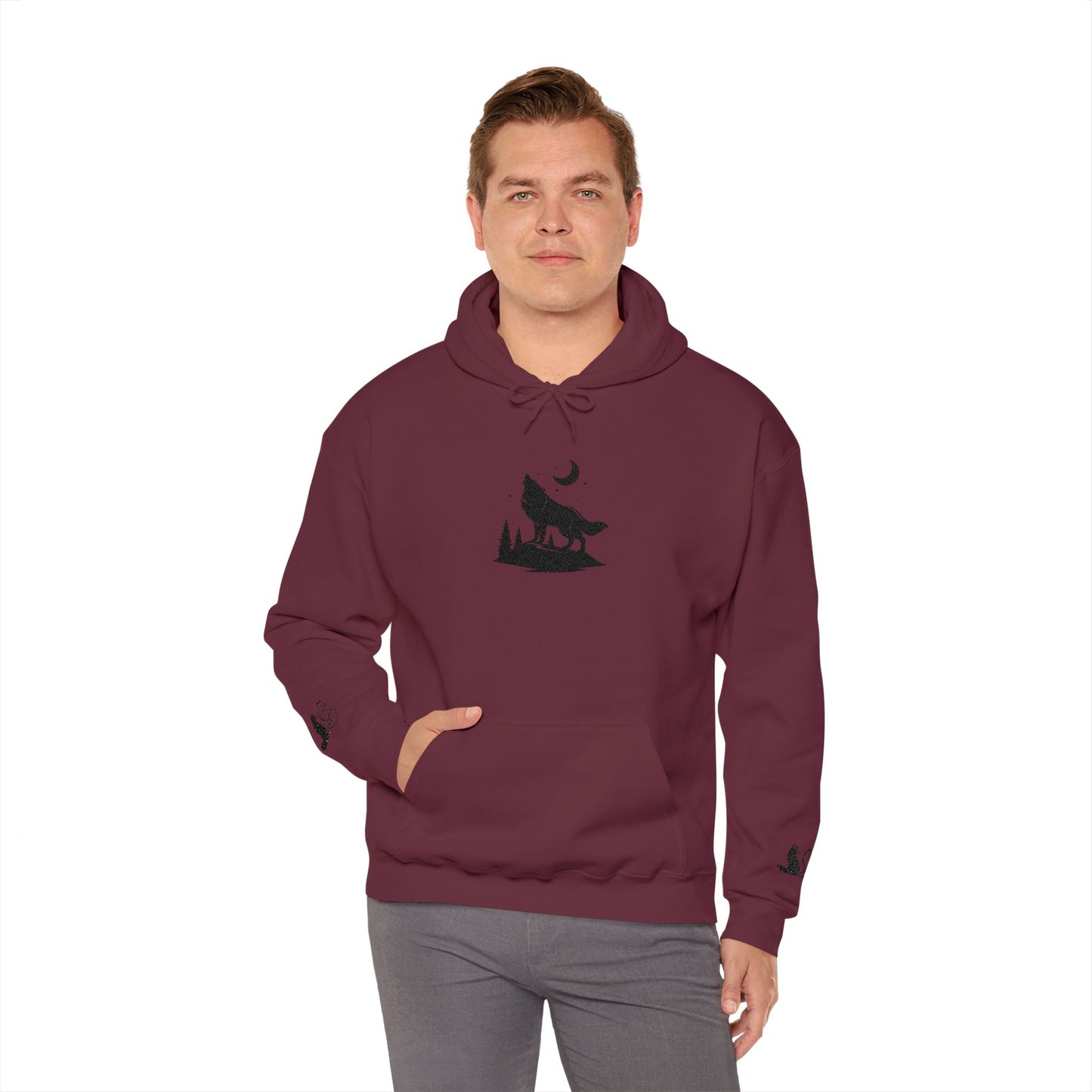 Embroidered Wolf & Moon Hoodie — Howling Wolf Silhouette