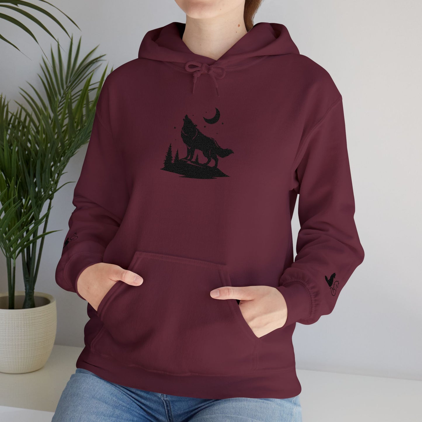 Embroidered Wolf & Moon Hoodie — Howling Wolf Silhouette