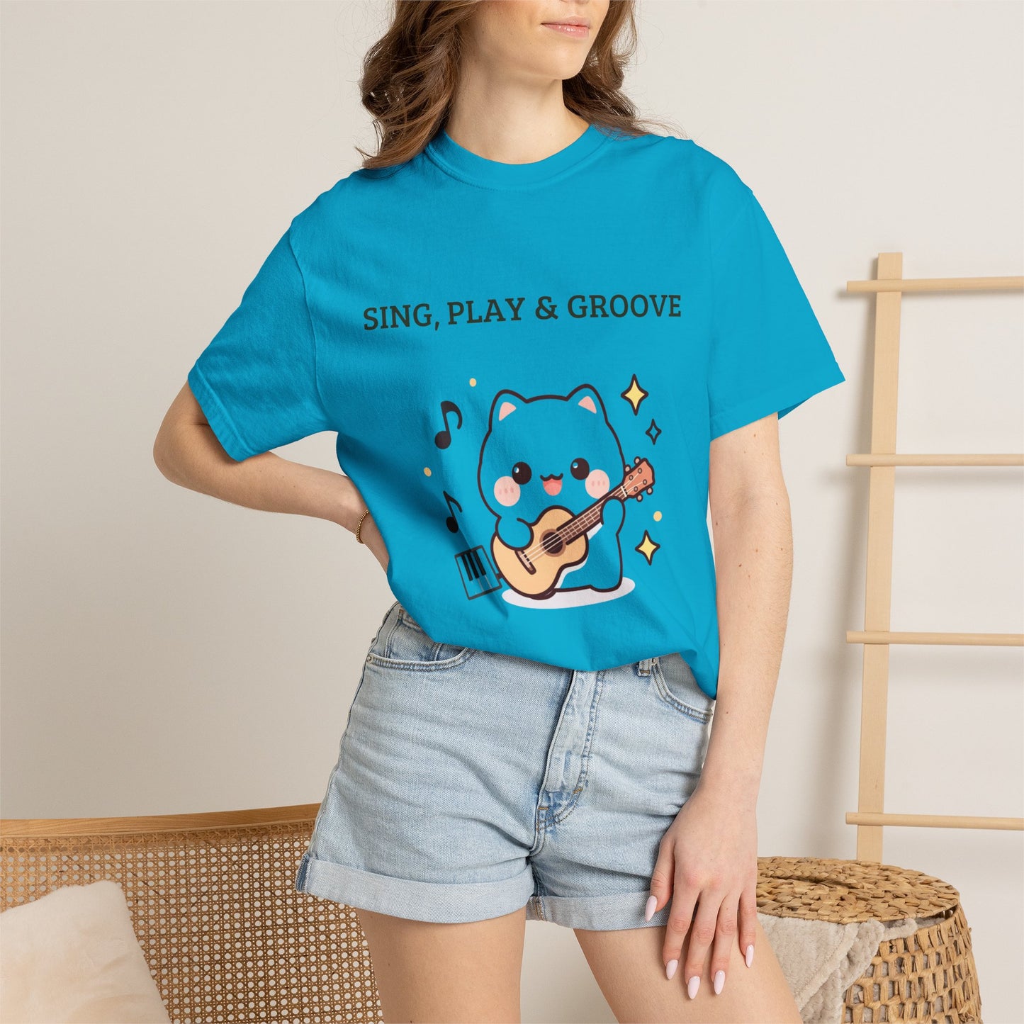 Cute Cat Playing Guitar T-Shirt — "Sing, Play & Groove" Graphic Tee