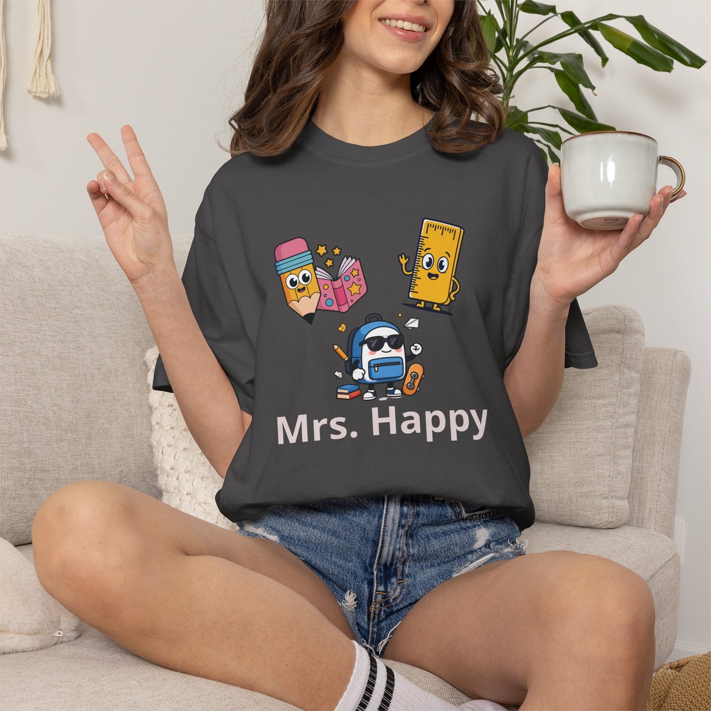 Personalized Teacher Tee — Cute School Supply Characters Gift (Add Your Name)