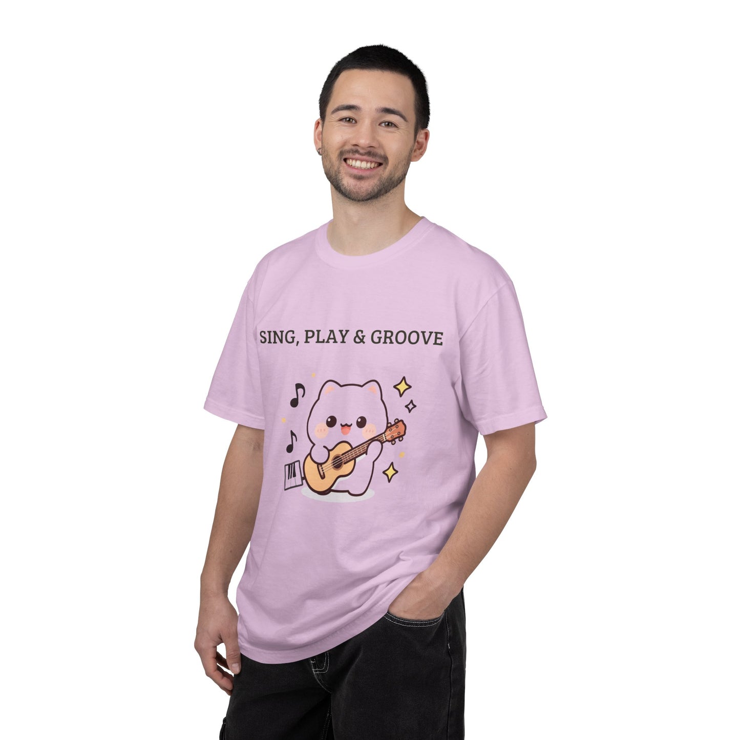 Cute Cat Playing Guitar T-Shirt — "Sing, Play & Groove" Graphic Tee