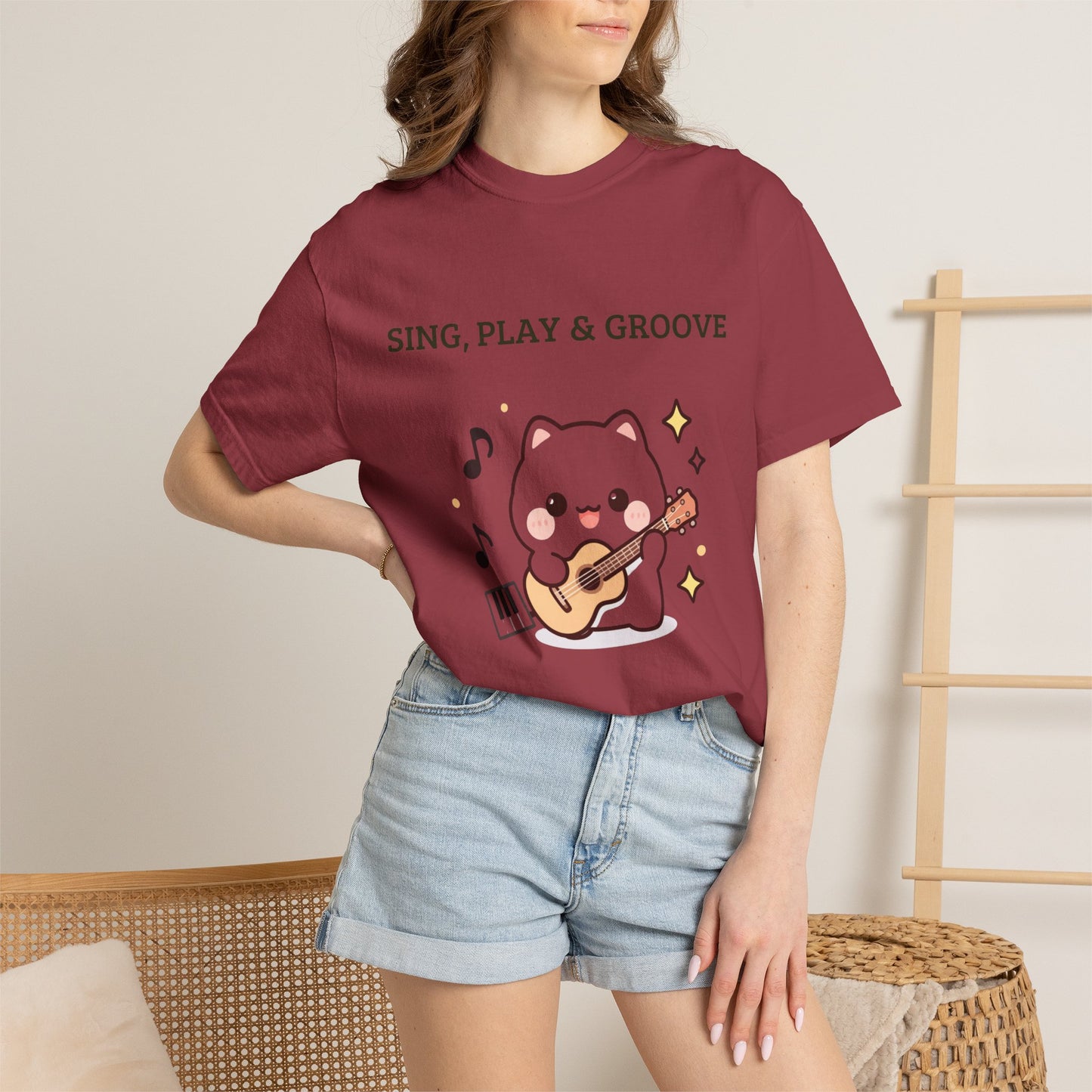 Cute Cat Playing Guitar T-Shirt — "Sing, Play & Groove" Graphic Tee