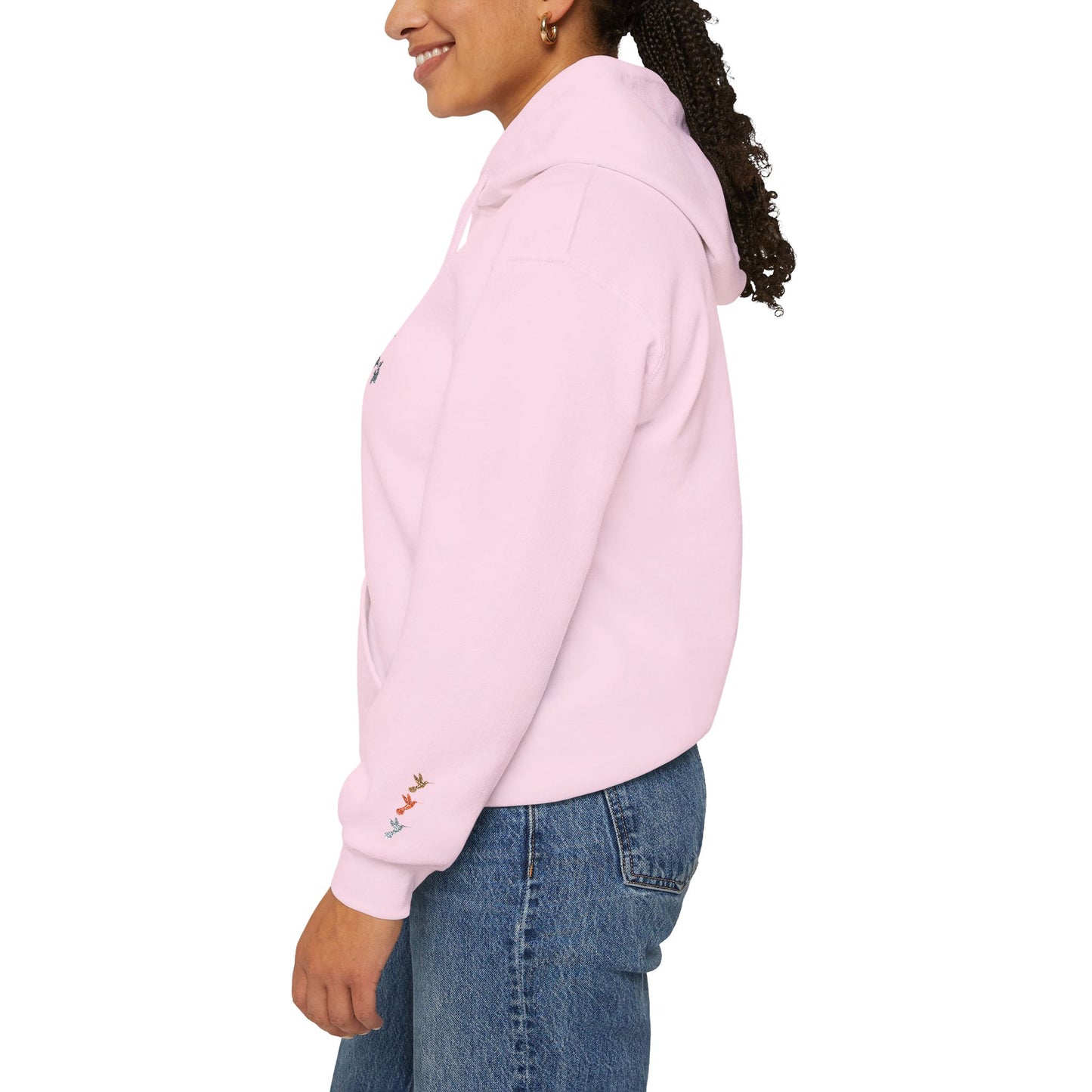 Hummingbird Floral Hoodie — Embroidered Birds & Sleeve Blooms