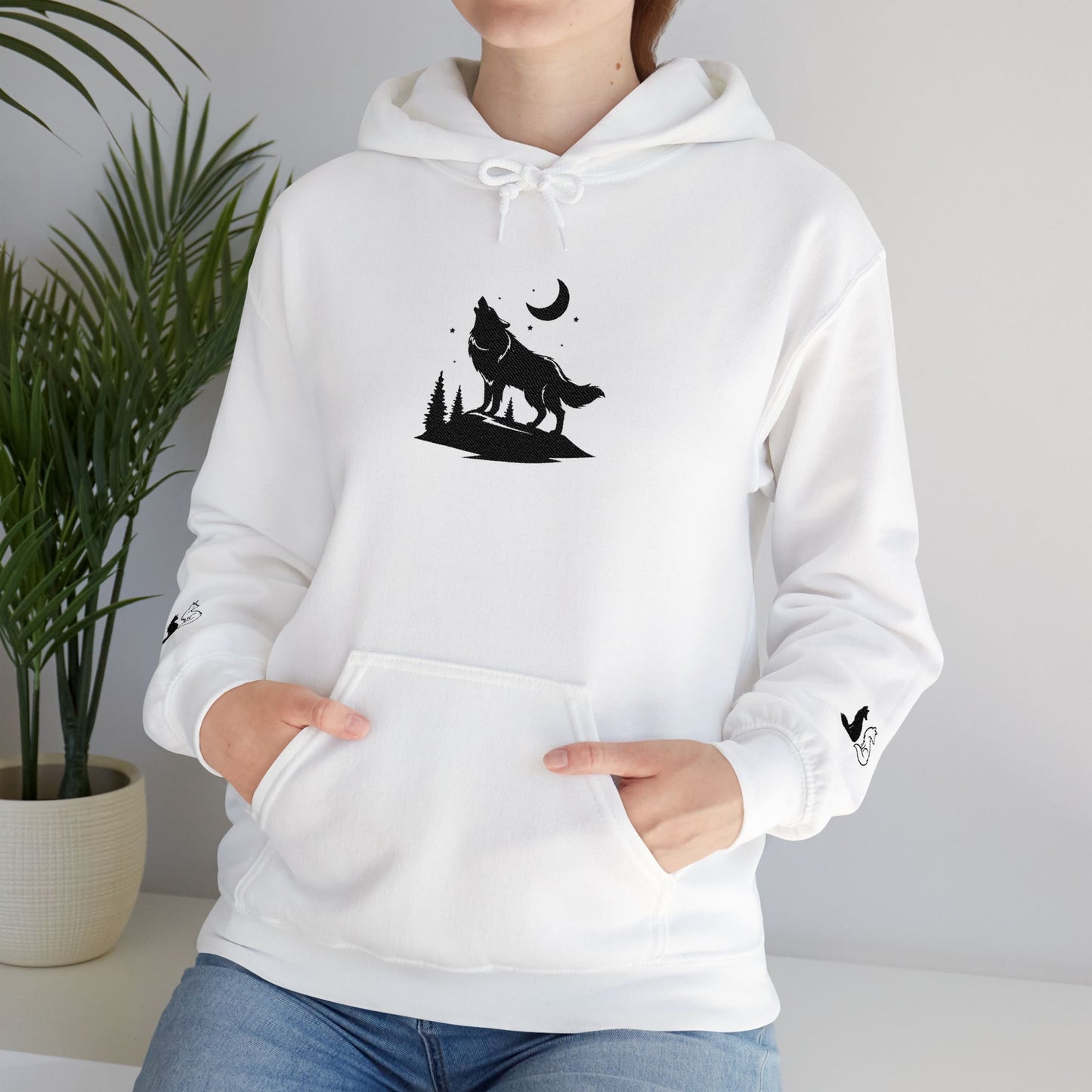 Embroidered Wolf & Moon Hoodie — Howling Wolf Silhouette