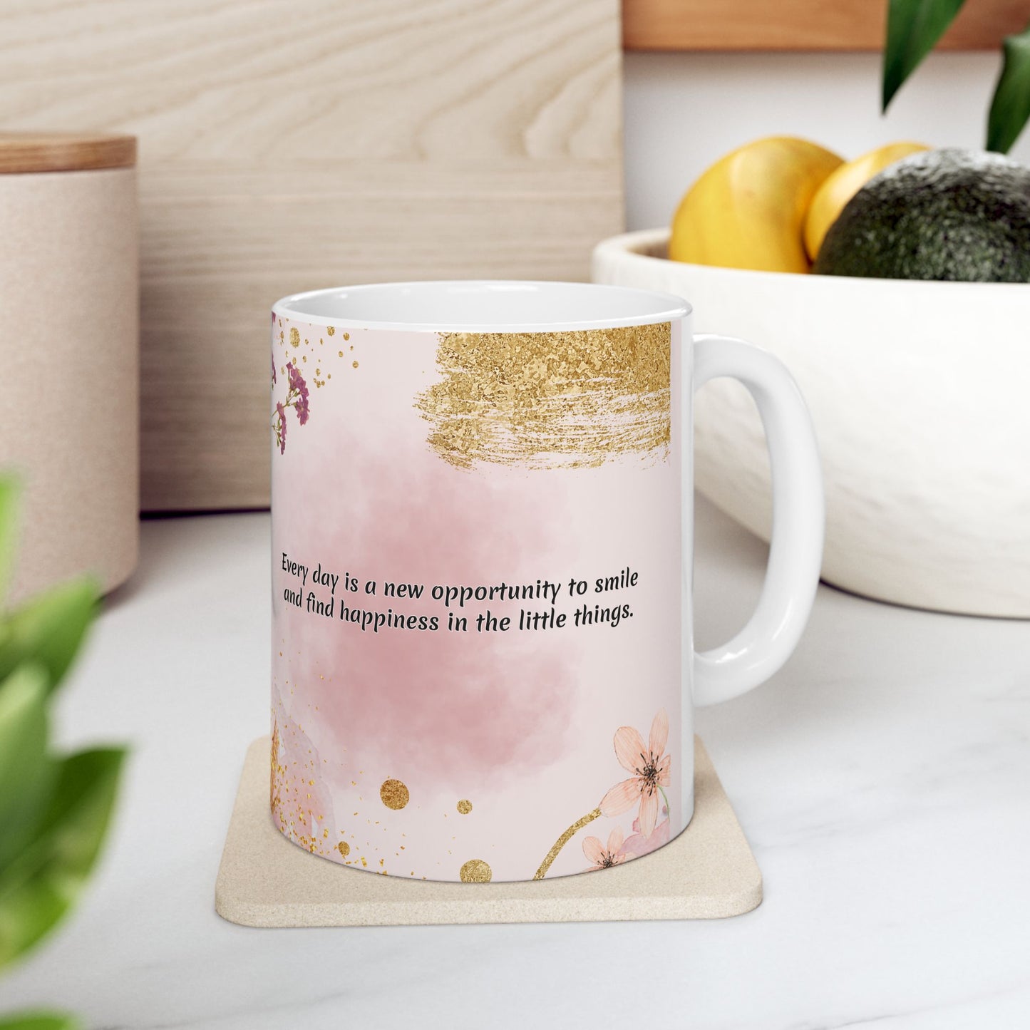 Inspirational Floral Ceramic Mug — "Every Day is a New Opportunity" Pink Gold Accent