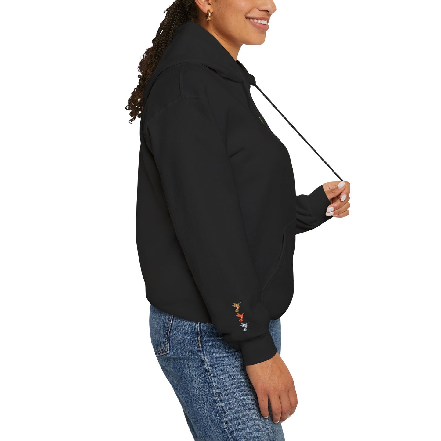 Hummingbird Floral Hoodie — Embroidered Birds & Sleeve Blooms