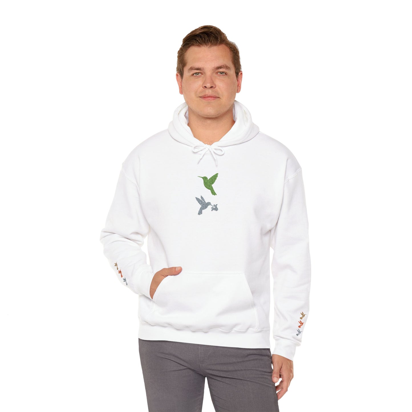 Hummingbird Floral Hoodie — Embroidered Birds & Sleeve Blooms