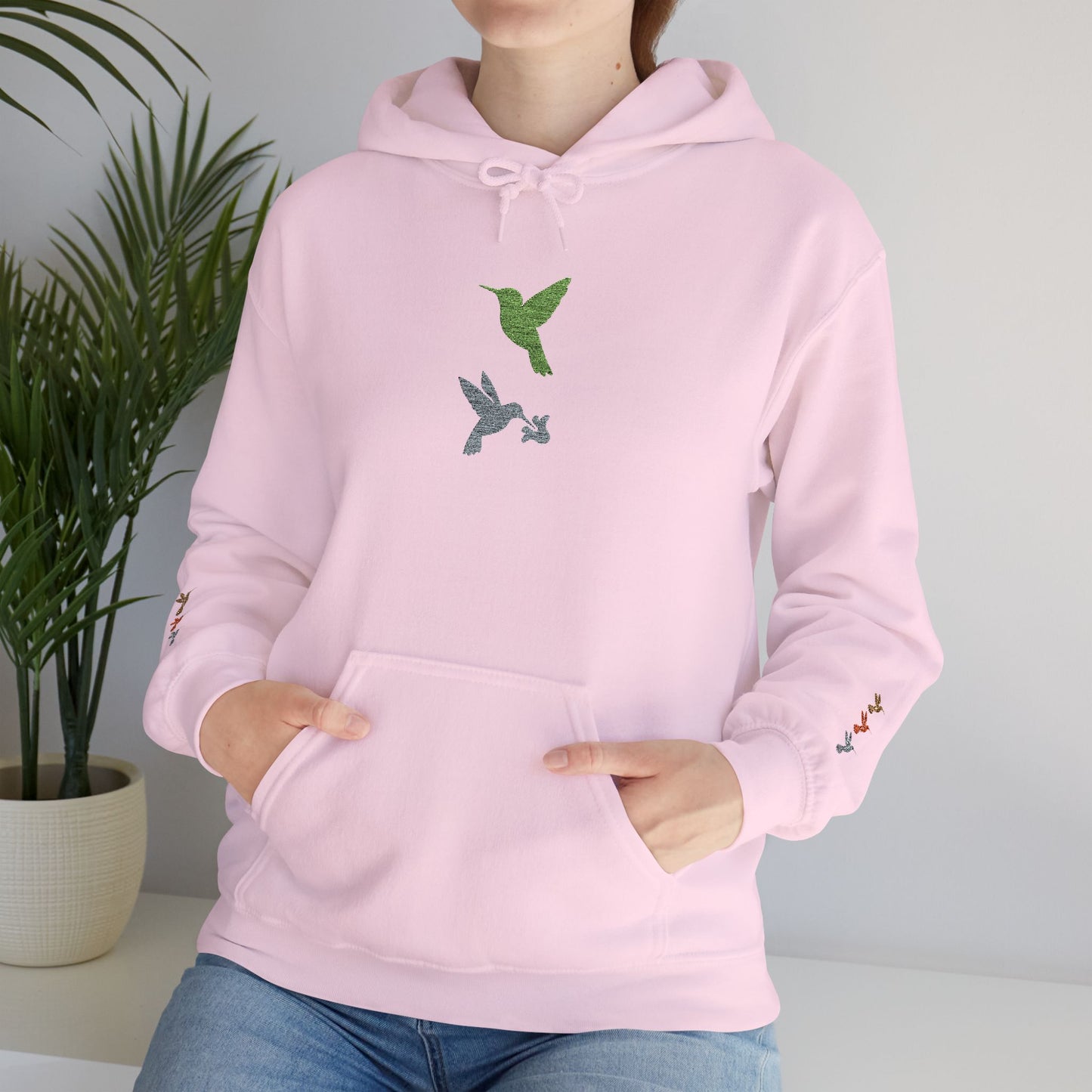Hummingbird Floral Hoodie — Embroidered Birds & Sleeve Blooms