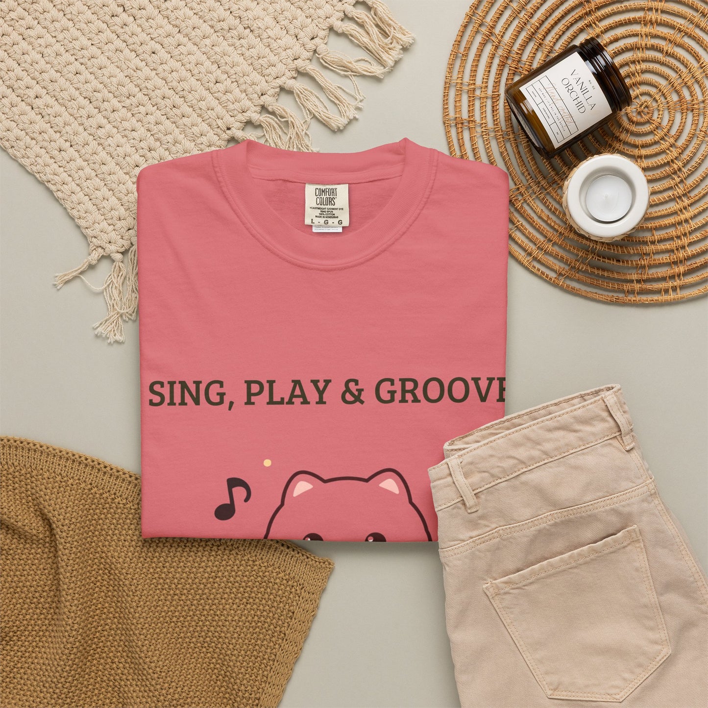 Cute Cat Playing Guitar T-Shirt — "Sing, Play & Groove" Graphic Tee