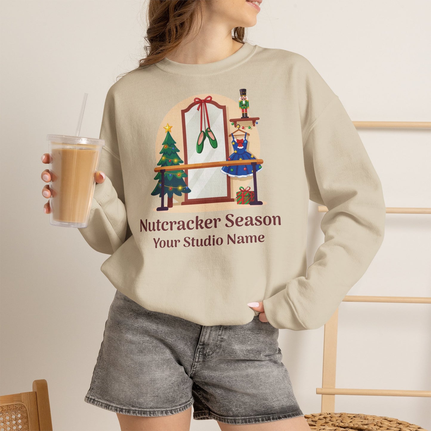 Personalized Nutcracker Season Sweatshirt — Ballet Barre & Pointe Shoes Studio Crewneck (Add Studio Name)