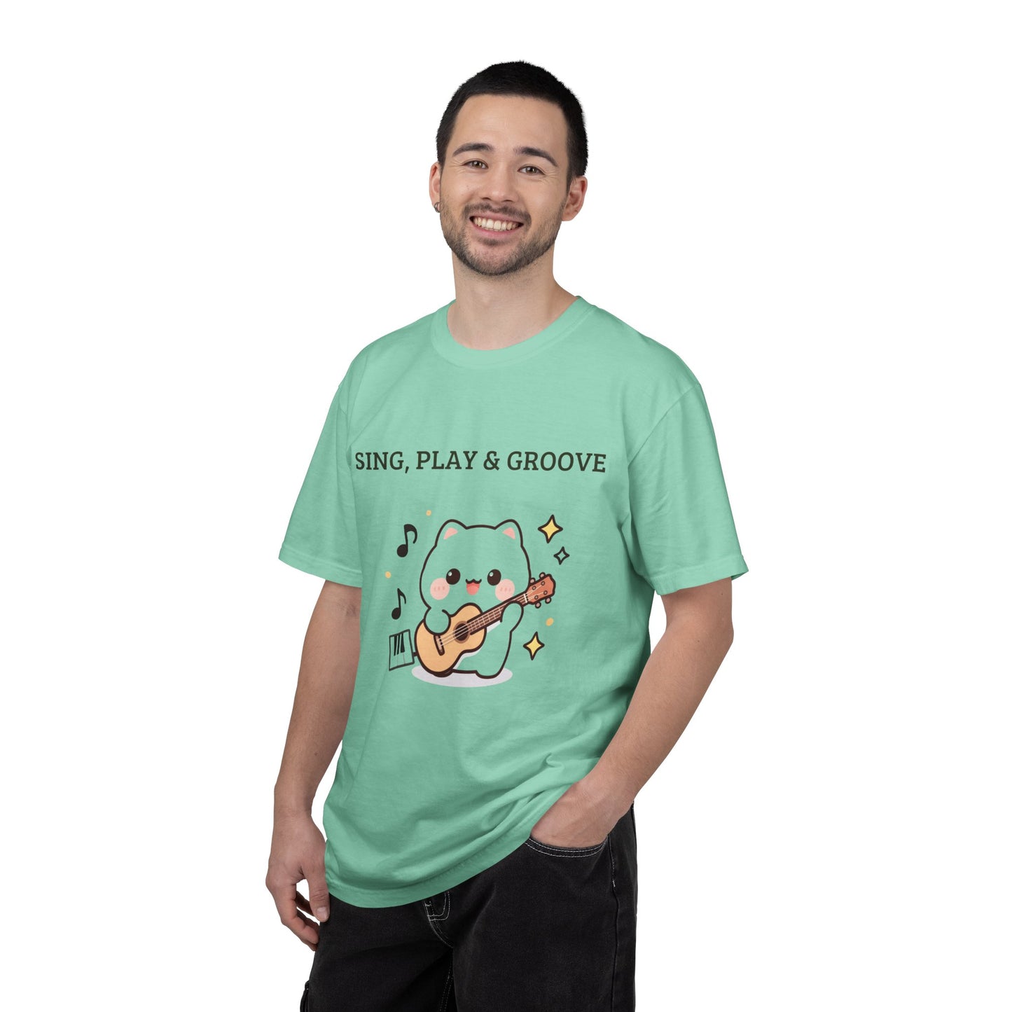 Cute Cat Playing Guitar T-Shirt — "Sing, Play & Groove" Graphic Tee