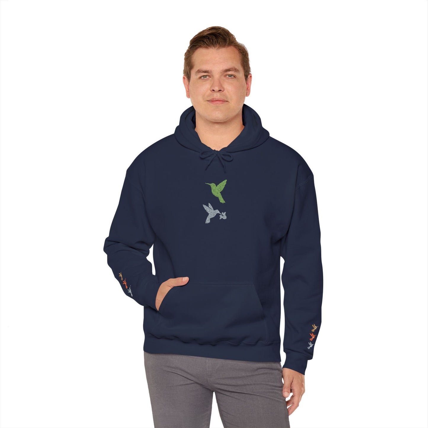 Hummingbird Floral Hoodie — Embroidered Birds & Sleeve Blooms
