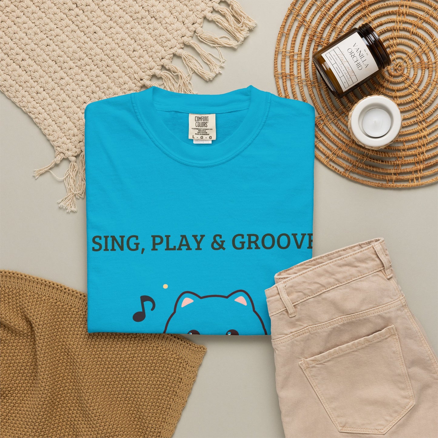 Cute Cat Playing Guitar T-Shirt — "Sing, Play & Groove" Graphic Tee