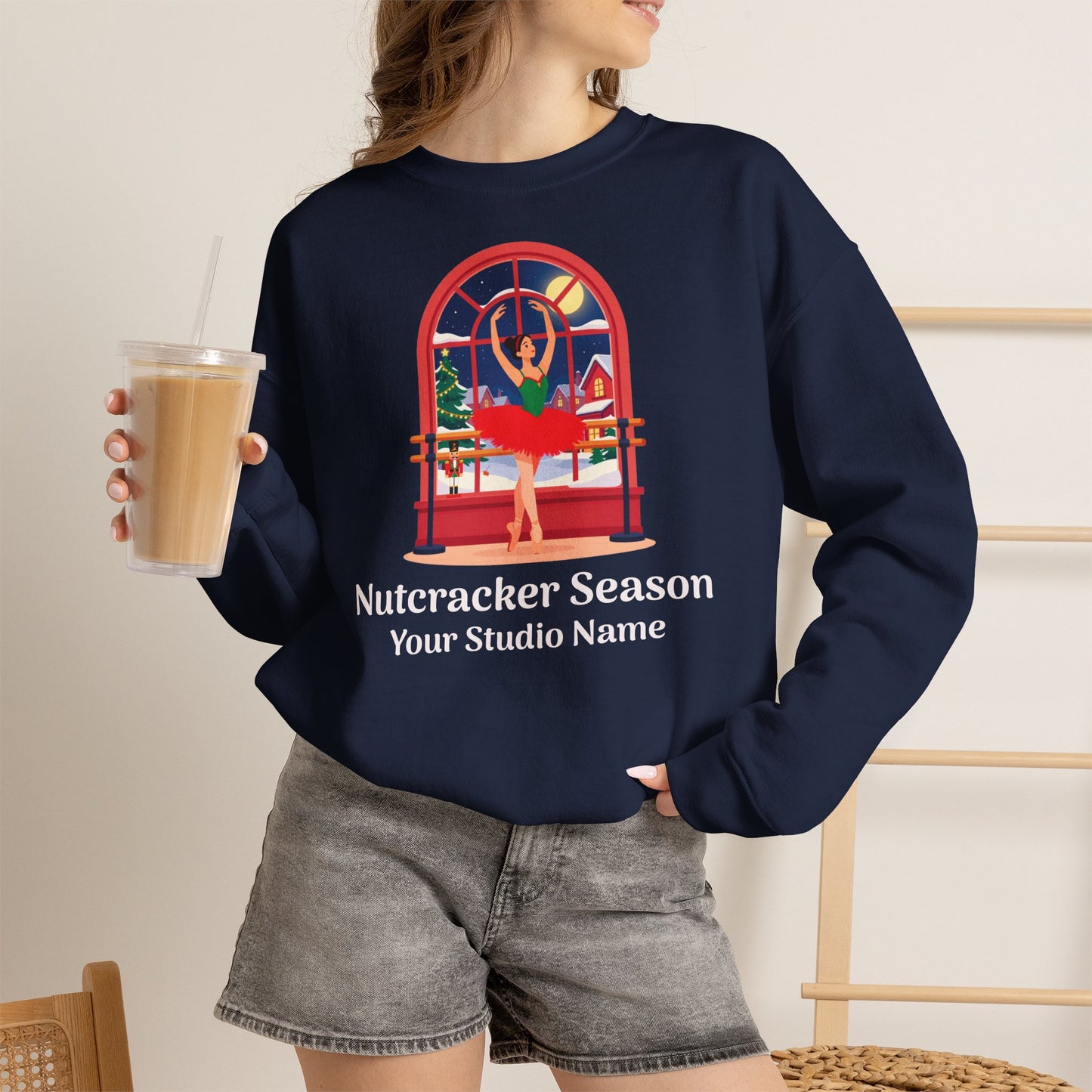 Personalized Nutcracker Season Sweatshirt — Ballerina at the Window Studio Crewneck (Add Studio Name)
