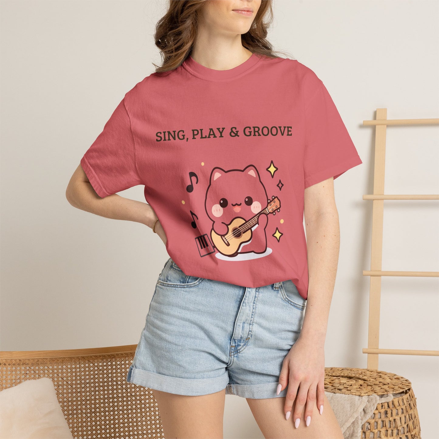 Cute Cat Playing Guitar T-Shirt — "Sing, Play & Groove" Graphic Tee