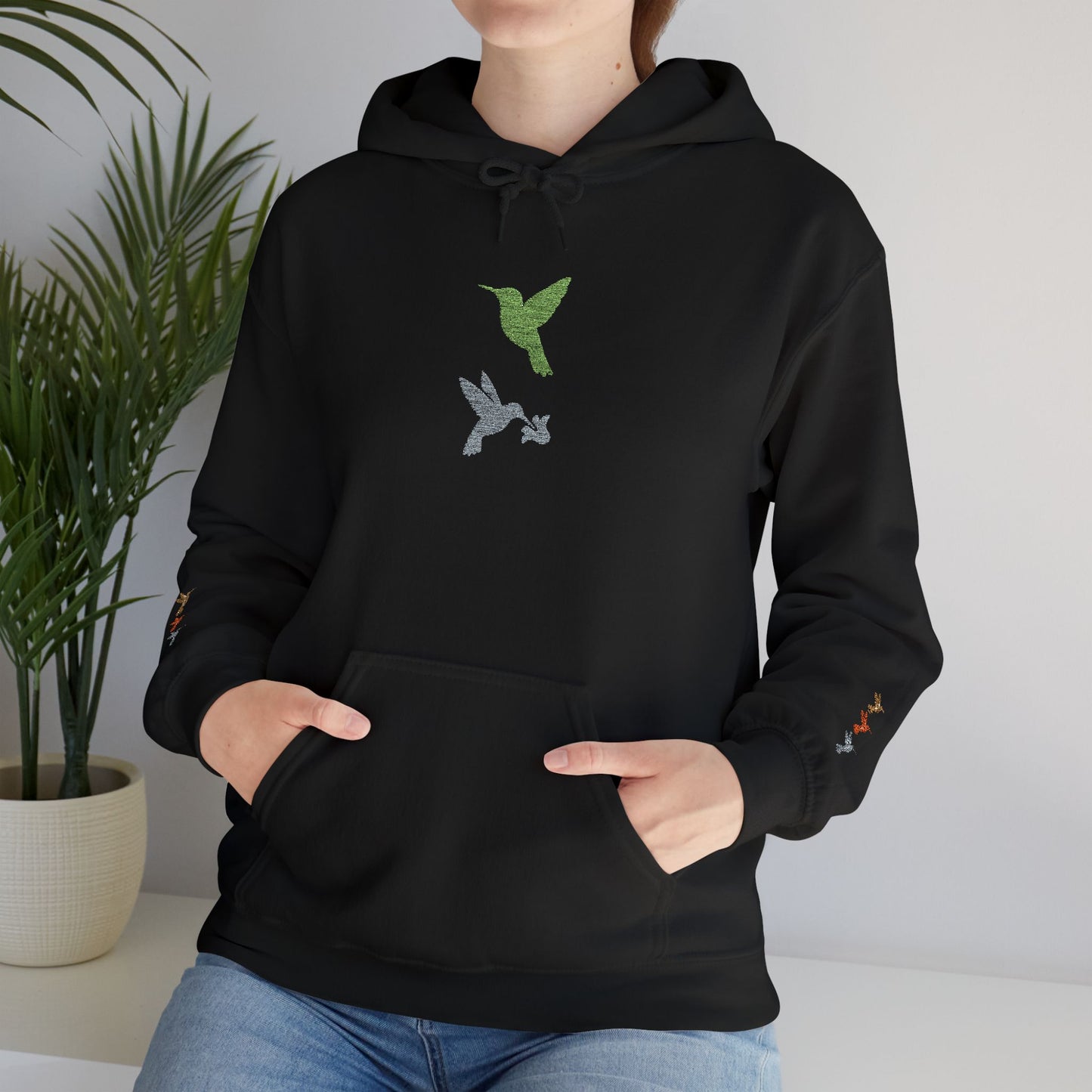 Hummingbird Floral Hoodie — Embroidered Birds & Sleeve Blooms