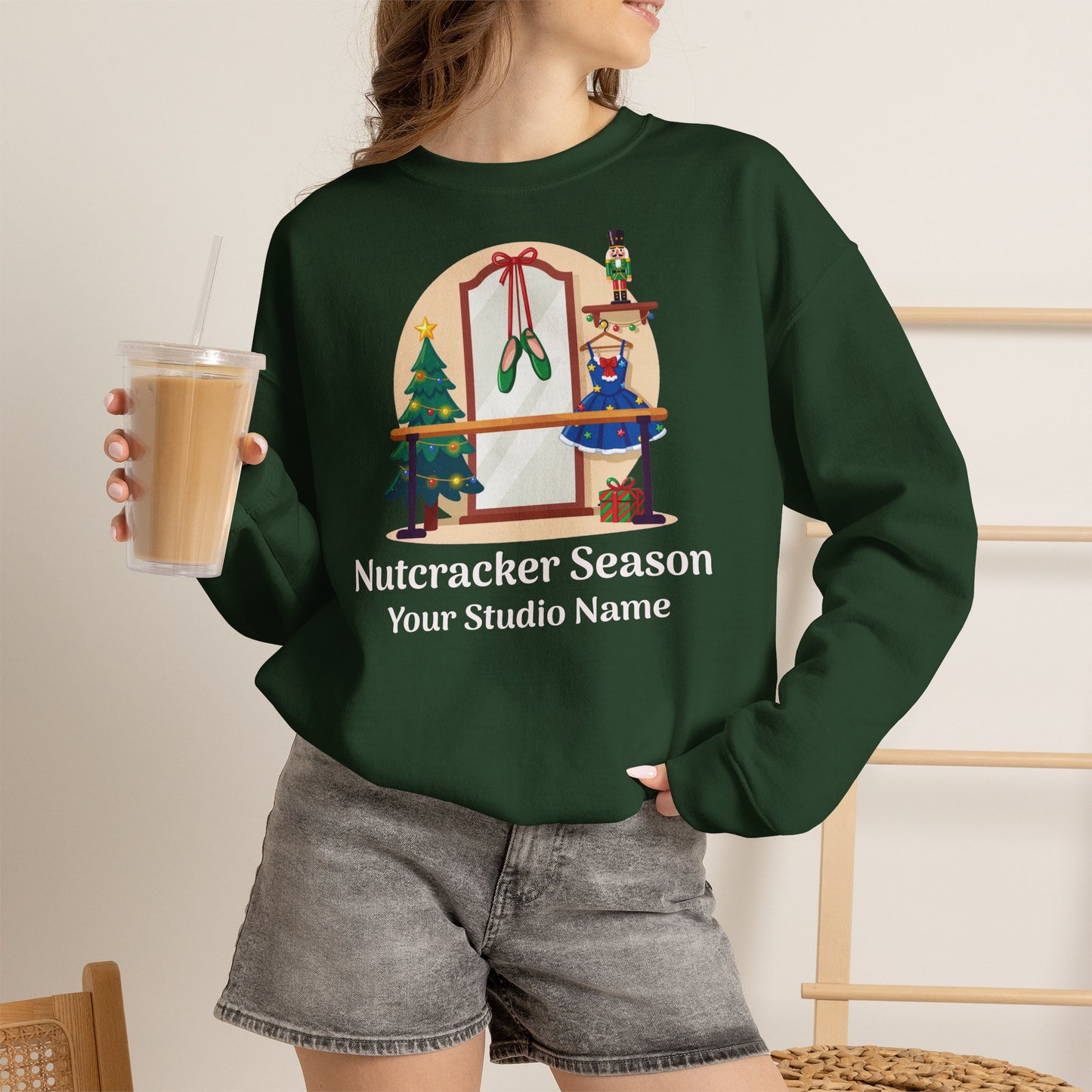 Personalized Nutcracker Season Sweatshirt — Ballet Barre & Pointe Shoes Studio Crewneck (Add Studio Name)