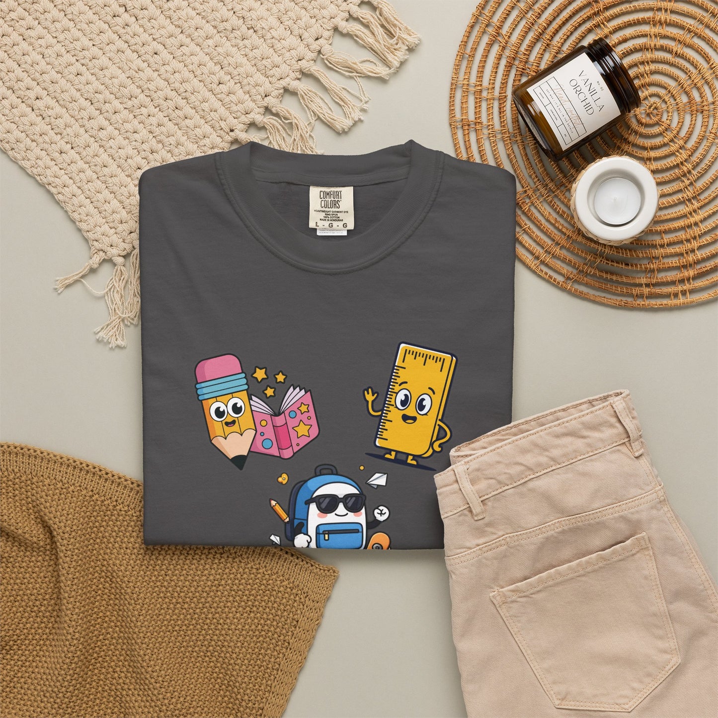 Personalized Teacher Tee — Cute School Supply Characters Gift (Add Your Name)