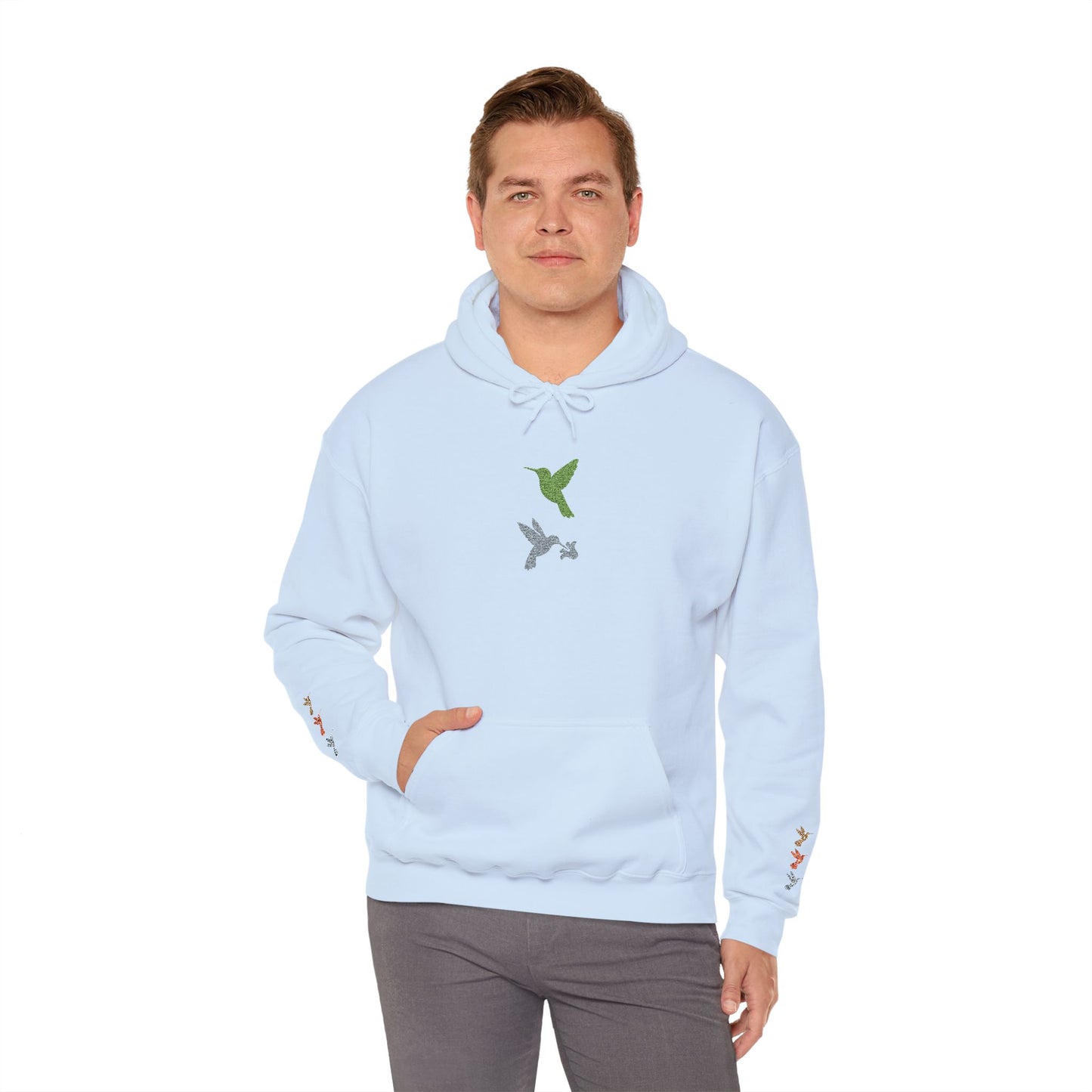 Hummingbird Floral Hoodie — Embroidered Birds & Sleeve Blooms