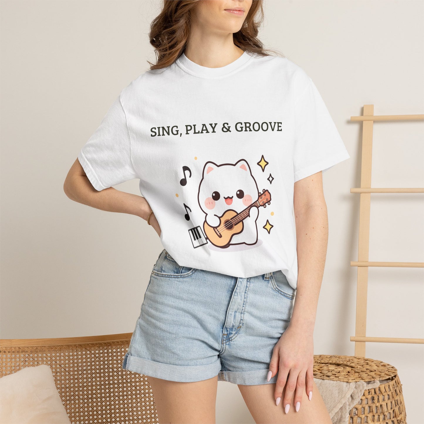 Cute Cat Playing Guitar T-Shirt — "Sing, Play & Groove" Graphic Tee