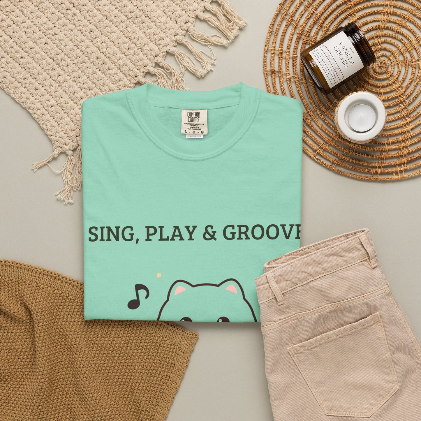 Cute Cat Playing Guitar T-Shirt — "Sing, Play & Groove" Graphic Tee