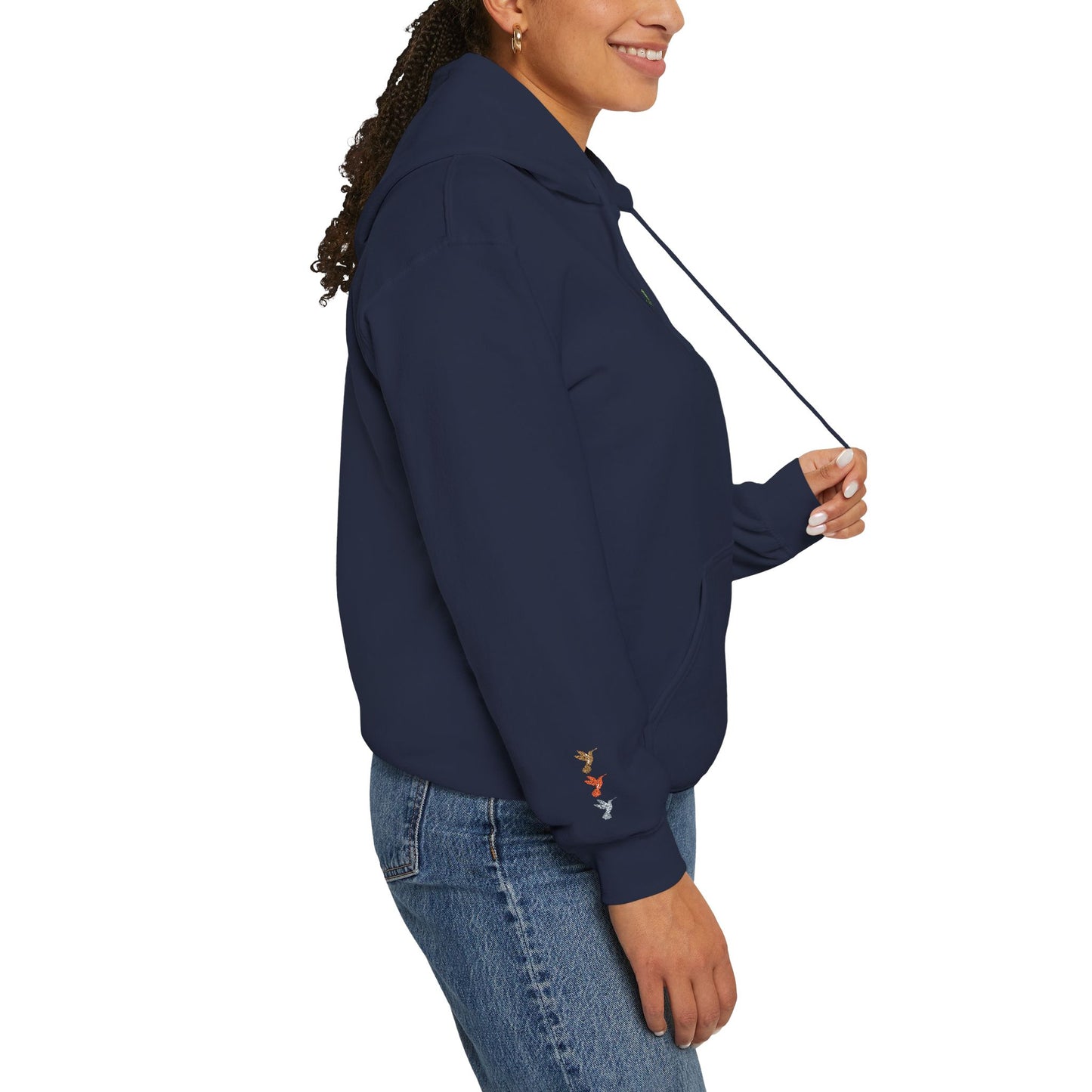 Hummingbird Floral Hoodie — Embroidered Birds & Sleeve Blooms