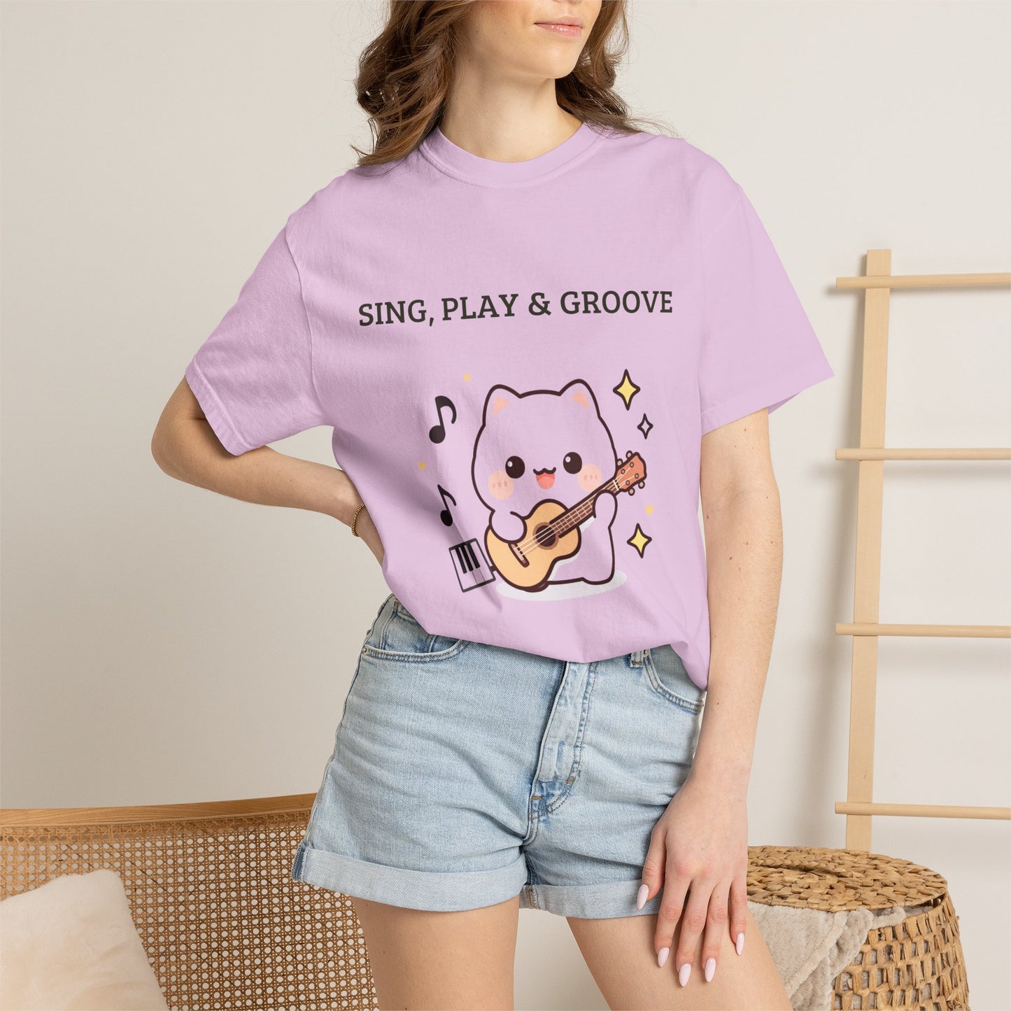 Cute Cat Playing Guitar T-Shirt — "Sing, Play & Groove" Graphic Tee