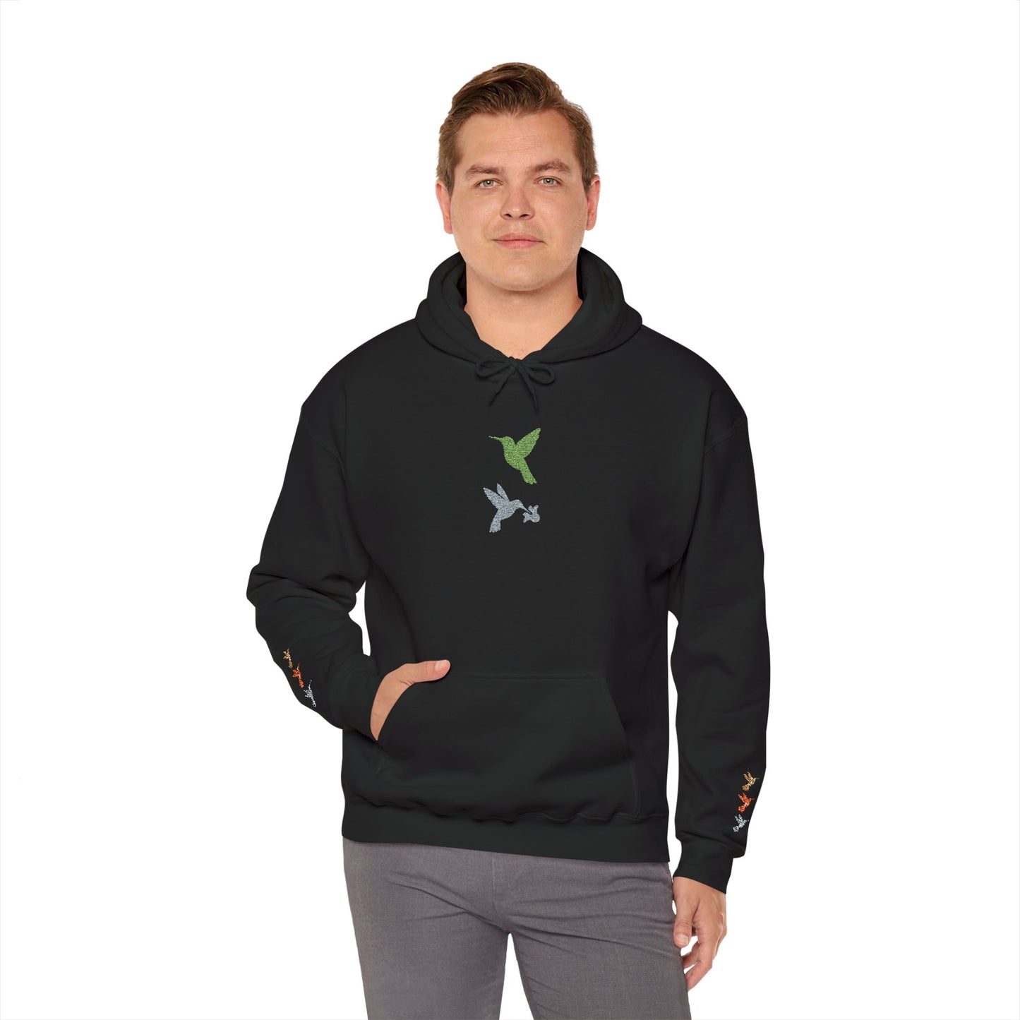 Hummingbird Floral Hoodie — Embroidered Birds & Sleeve Blooms