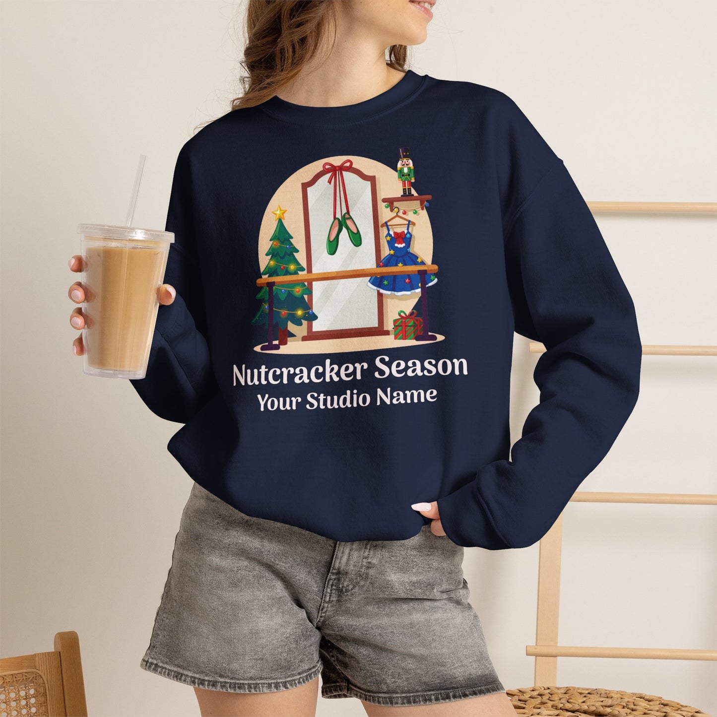 Personalized Nutcracker Season Sweatshirt — Ballet Barre & Pointe Shoes Studio Crewneck (Add Studio Name)