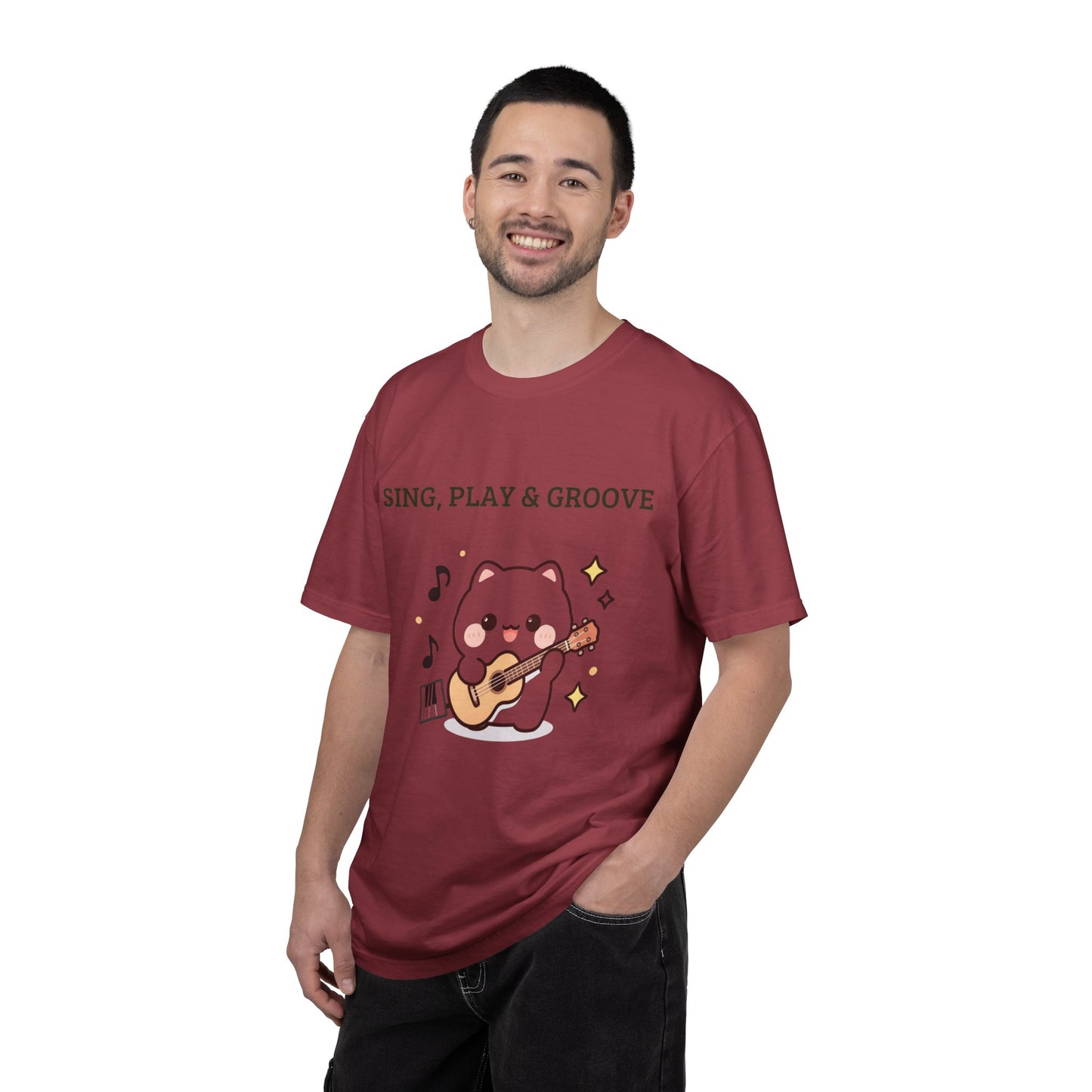 Cute Cat Playing Guitar T-Shirt — "Sing, Play & Groove" Graphic Tee