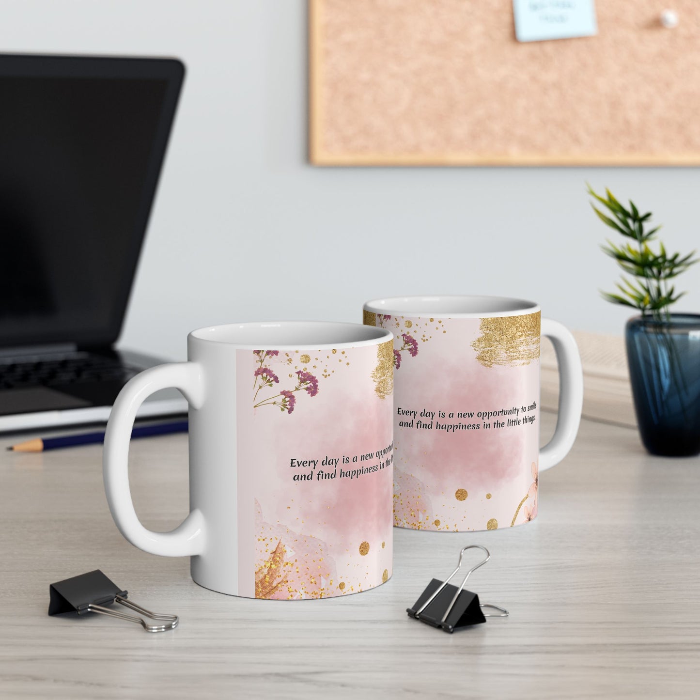 Inspirational Floral Ceramic Mug — "Every Day is a New Opportunity" Pink Gold Accent
