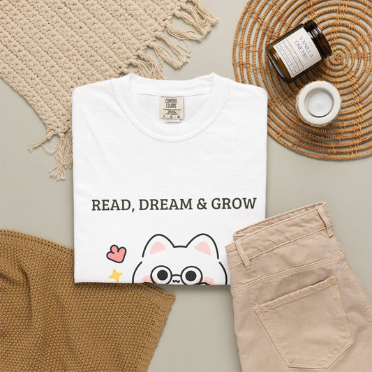 Read, Dream & Grow Tee | Cute Cat Book Lover Shirt