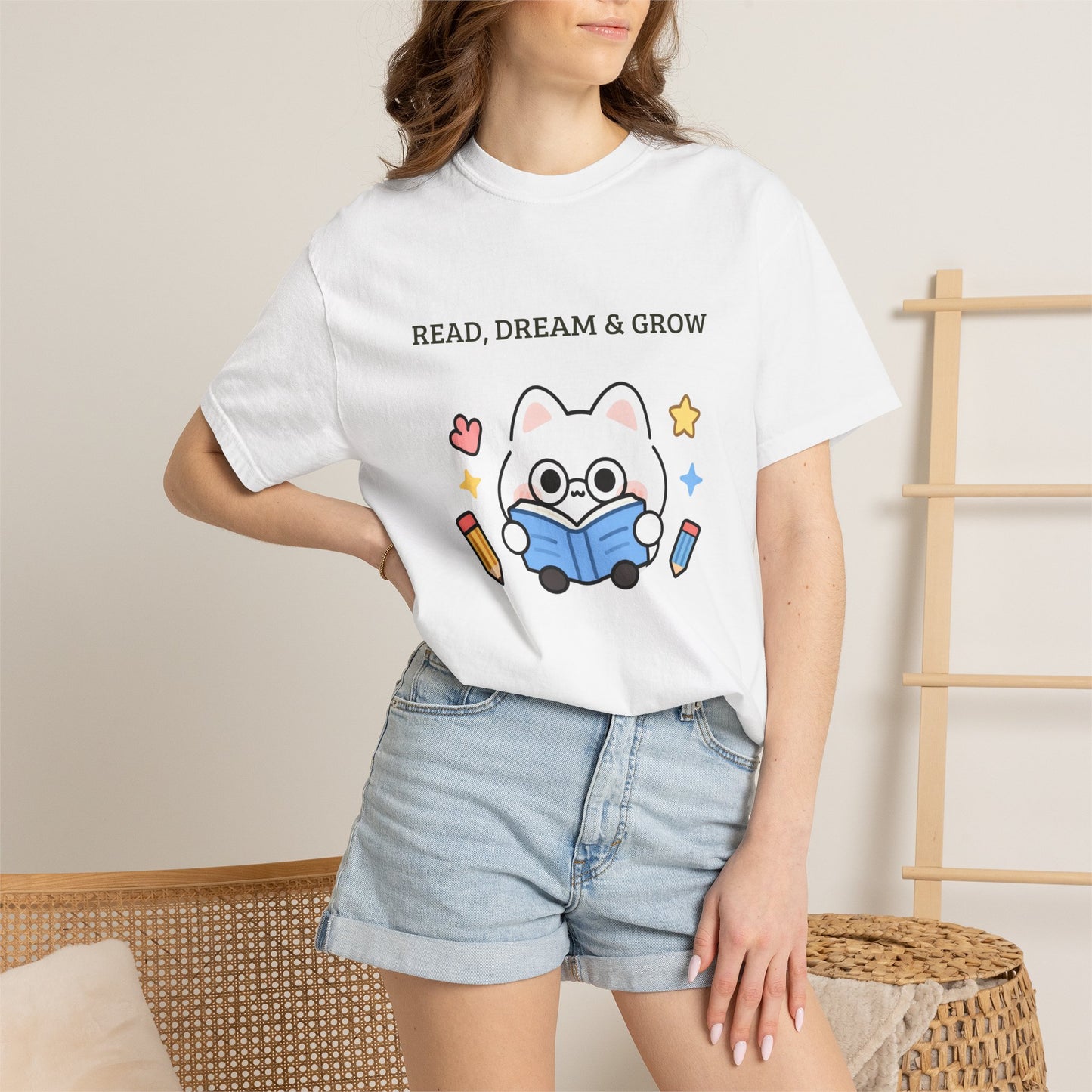 Read, Dream & Grow Tee | Cute Cat Book Lover Shirt