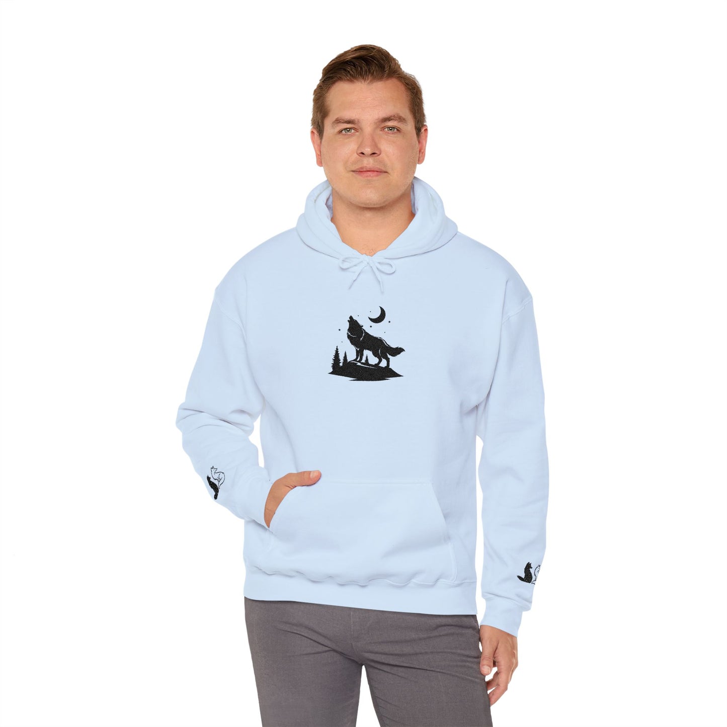 Embroidered Wolf & Moon Hoodie — Howling Wolf Silhouette