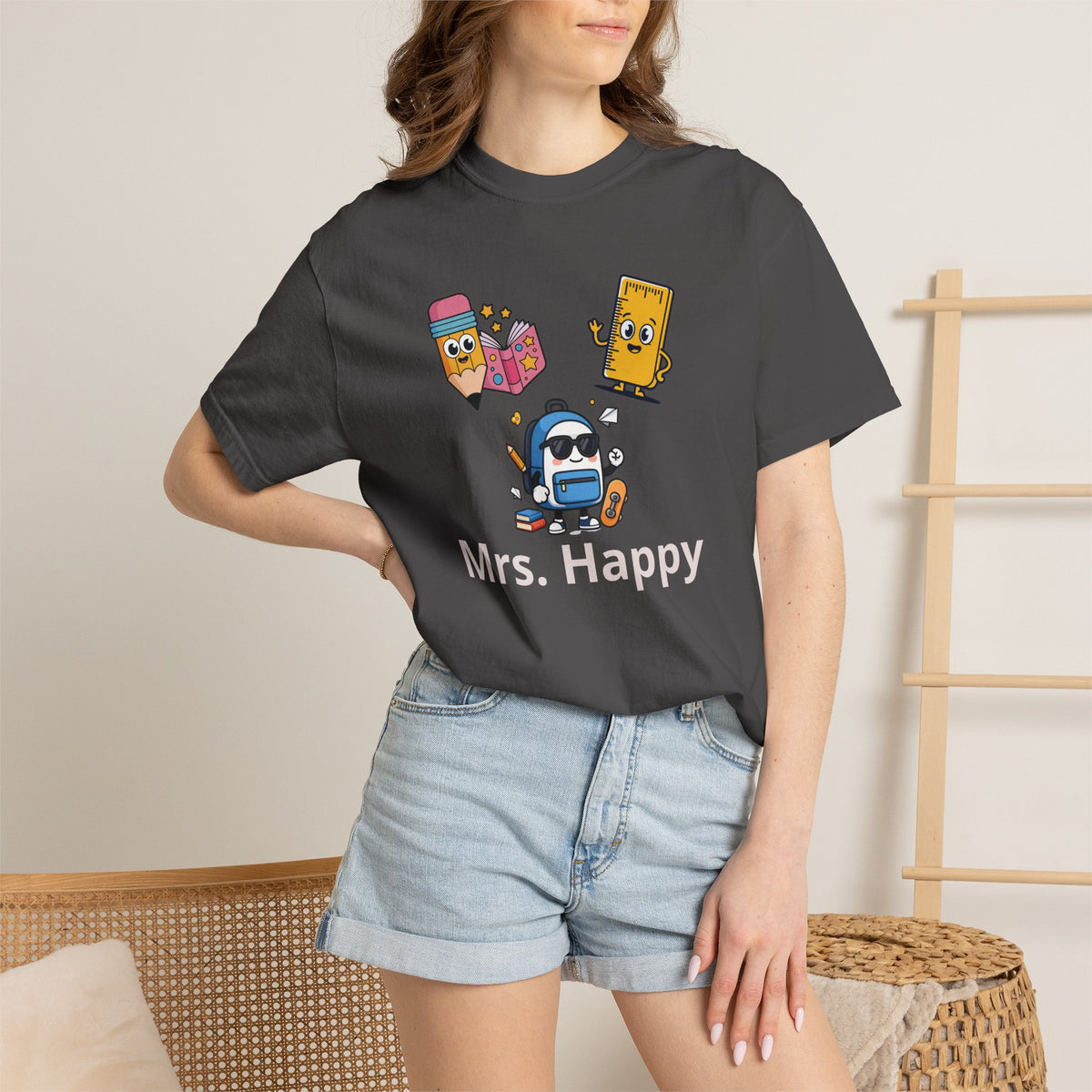 Personalized Teacher Tee — Cute School Supply Characters Gift (Add Your Name)