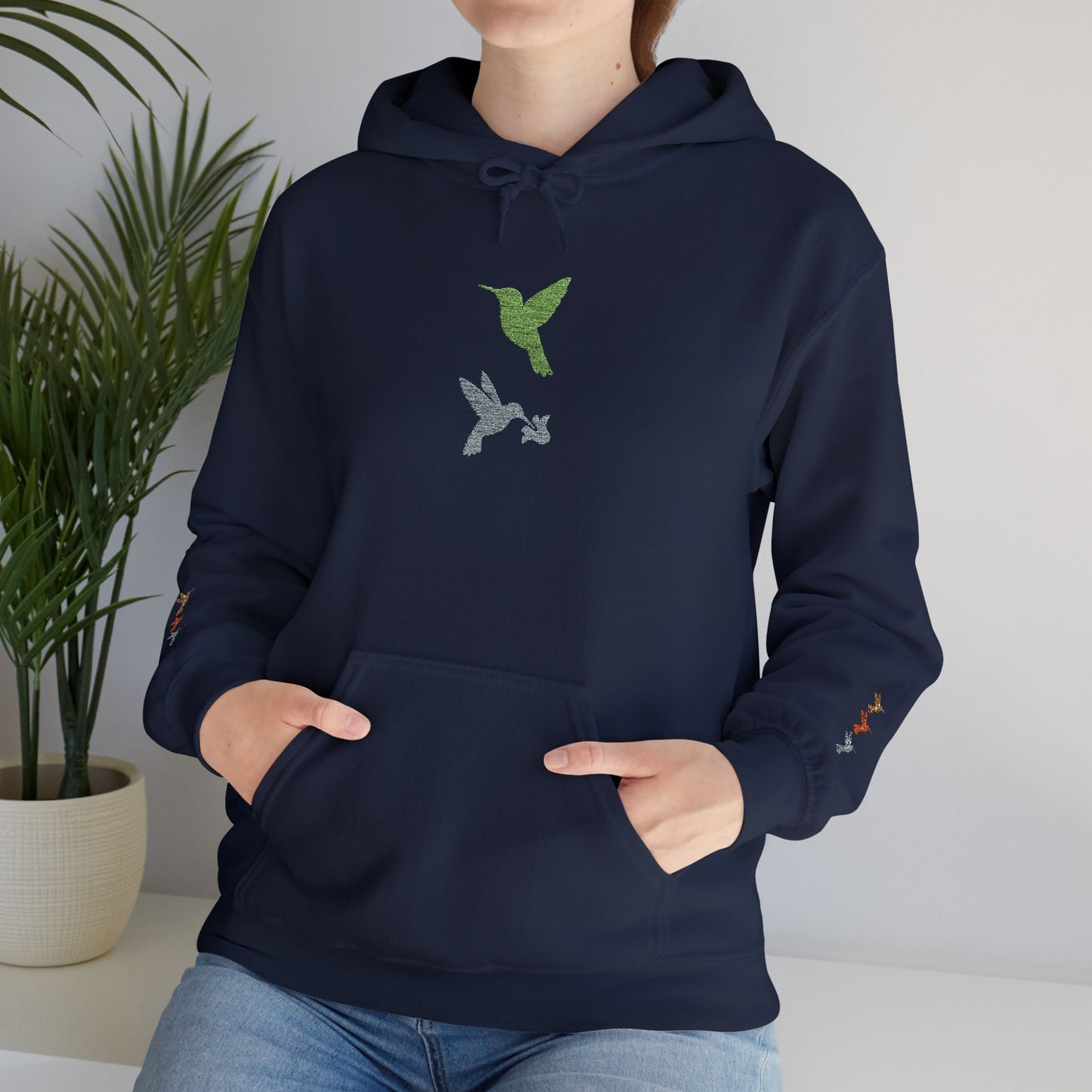 Hummingbird Floral Hoodie — Embroidered Birds & Sleeve Blooms