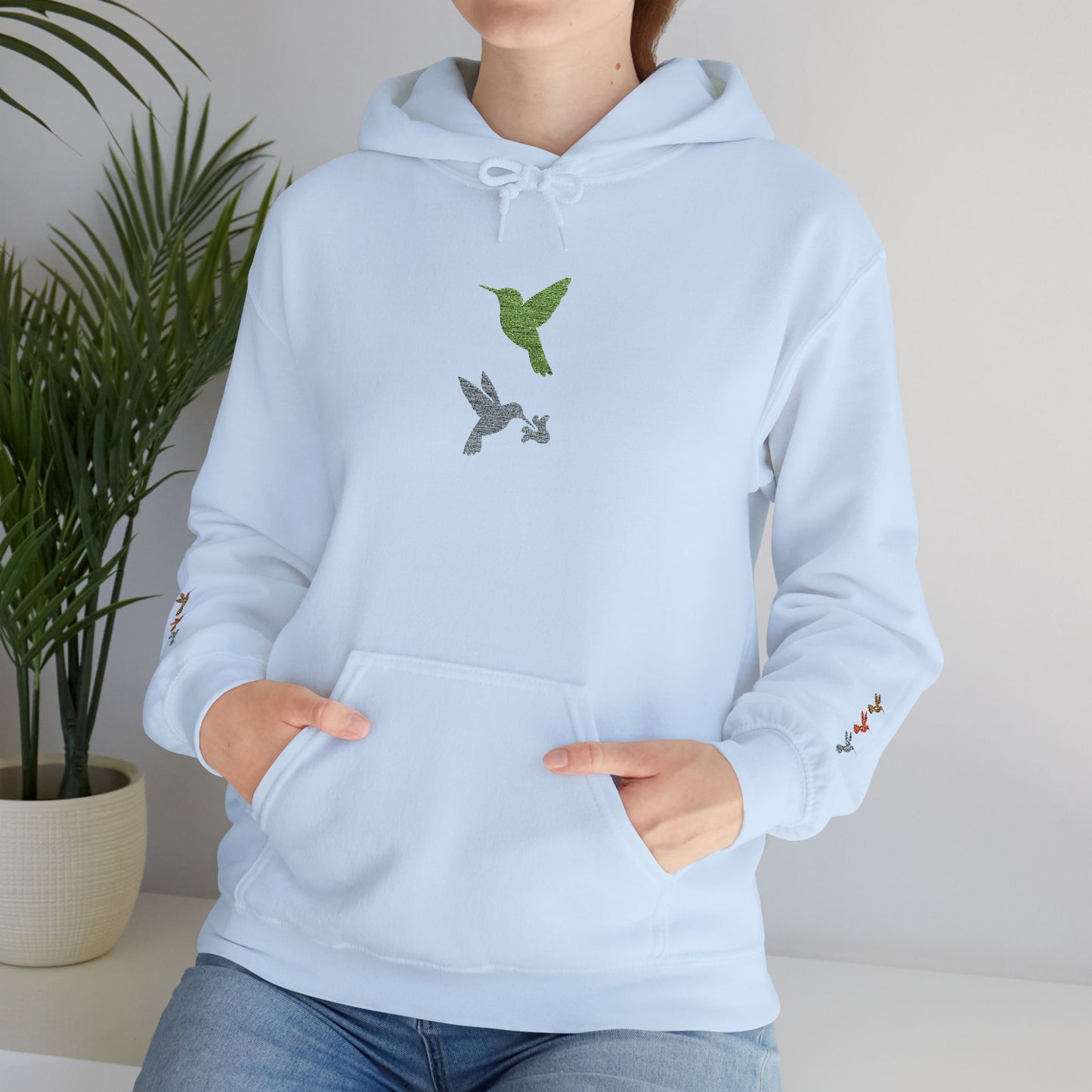 Hummingbird Floral Hoodie — Embroidered Birds & Sleeve Blooms