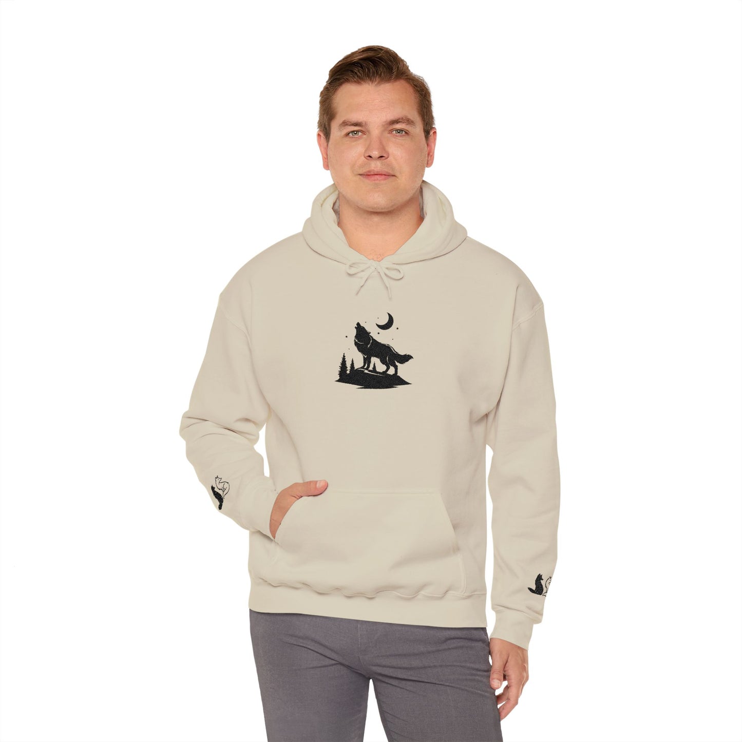Embroidered Wolf & Moon Hoodie — Howling Wolf Silhouette